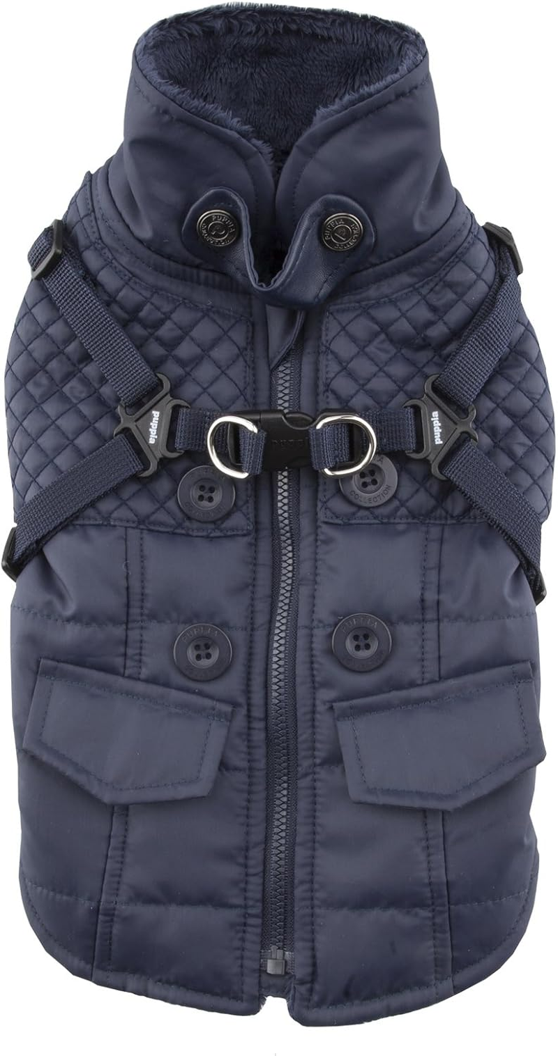 Puppia Wilkes Winter Dog Coat with Integrated Harness No Pull Cold Weather Waterproof Warm Fleece Back Zipper for Small & Medium Dog, Navy, X-Large