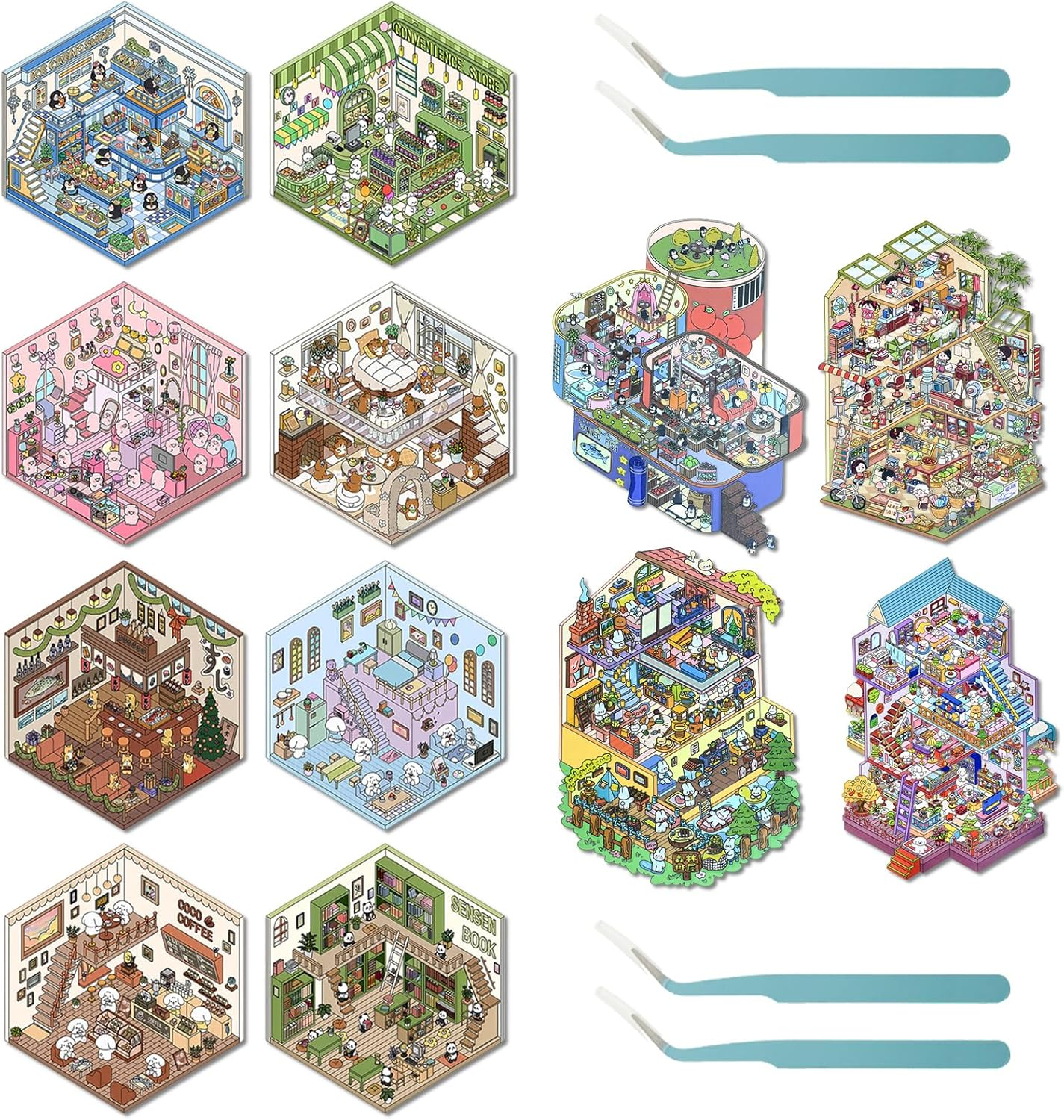 8 Set DIY 3D House Scene Stickers, 2025 New Fun DIY 3D Sticker Scene Make Your Own Mini Room, Cute Cartoon Miniature Scene Sticker Set, 3D House Stickers Quiet Book for Adults Kids Gift