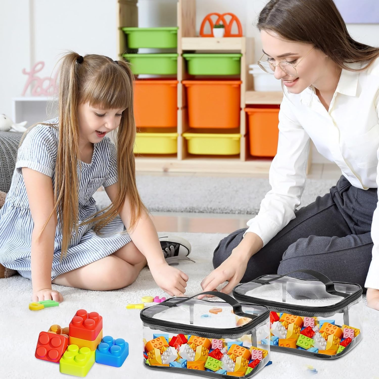 4 Packs Clear Toy Storage Organizer Bags, Reusable Transparent PVC Travel Waterproof Zipper Bags for Organizing, Large Toy Organization Board Game, Puzzle Storage Containers (2Colors1-2Pcs) - 2Colors2-2Pcs image number 5