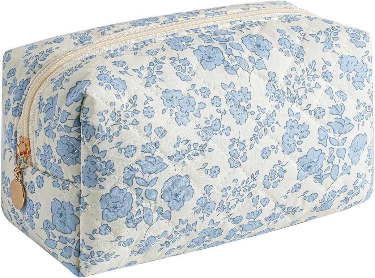 Gleyemor Small Quilted Makeup Bag for Women, Cute Floral Bow Cosmetic Bag, Emergency Bag Travel Toiletry Cotton Pouch Gifts for Girls Her Mom Friend Sister Bridesmaid, Purple Floral