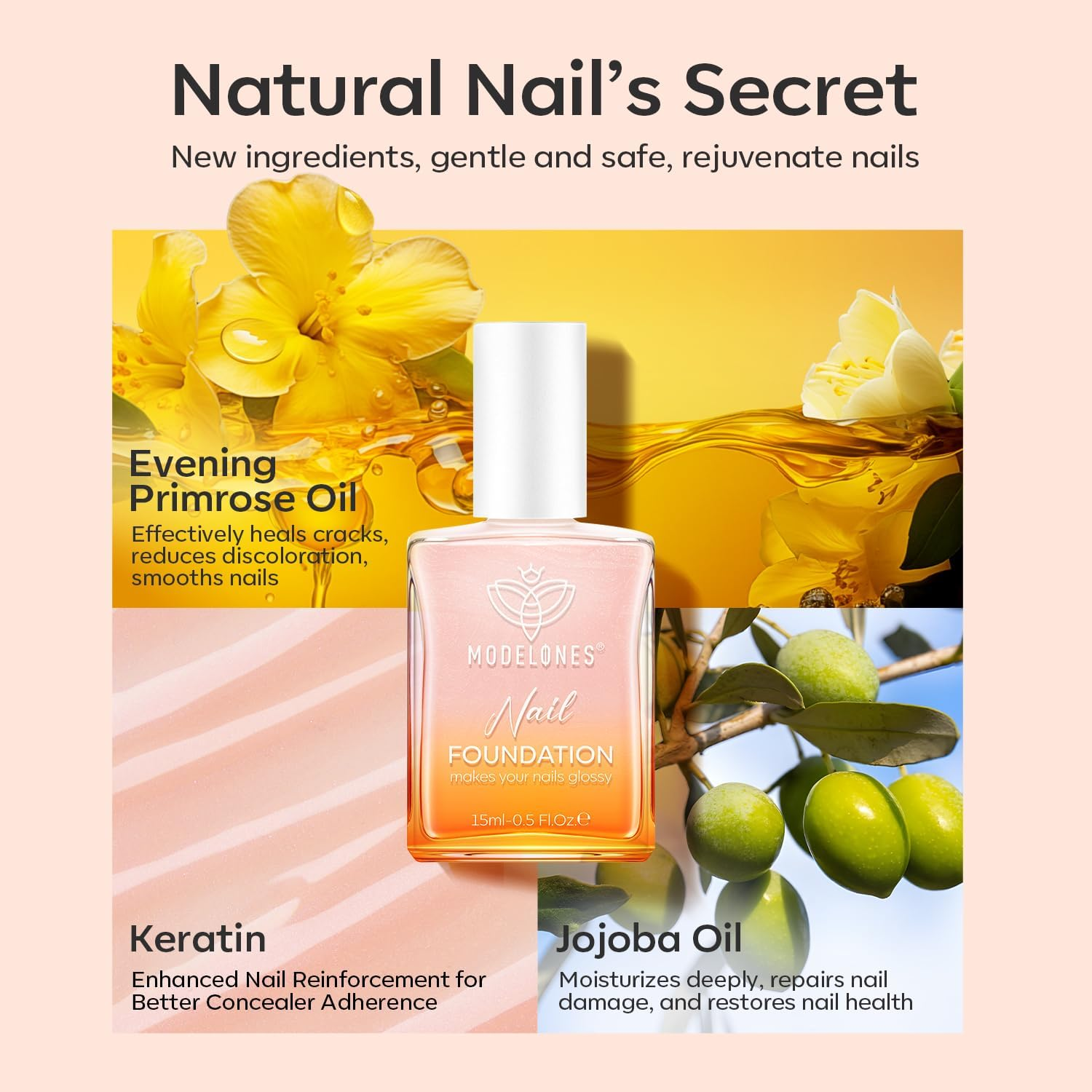 Modelones Nail Strengthener, Iridescent Pink Nail Natural Concealer Foundation Polish Air Dry Nail Growth Polish for Damaged Nails Imperfection Masking Gifts for Women 15Ml