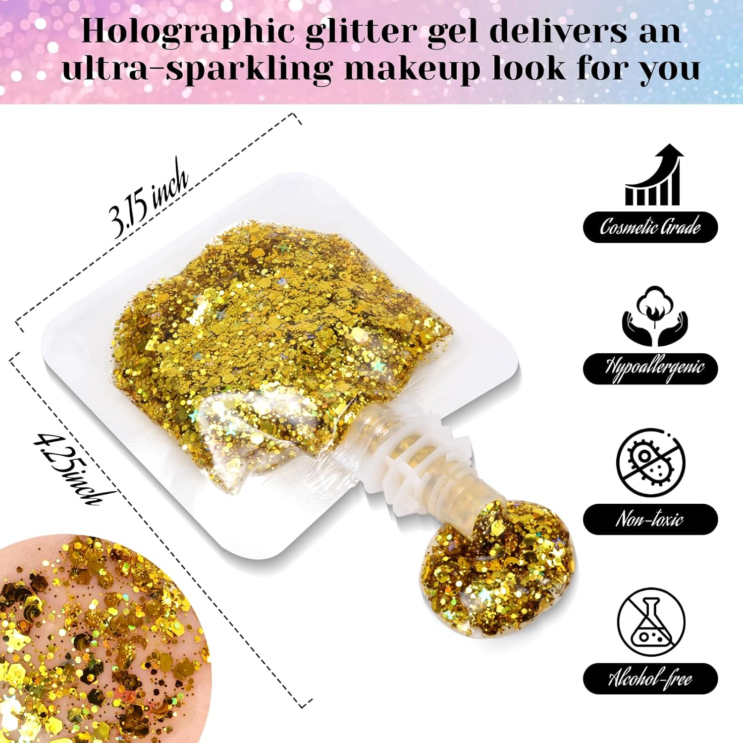 DAGEDA Body Glitter Gel, Gold Sparkling Face Hair Eye Glitter Mermaid Makeup, Holographic Sequins for Face Hair Nails, Singer Concert Festival Carnival Party Rave Accessories 02 image number 5