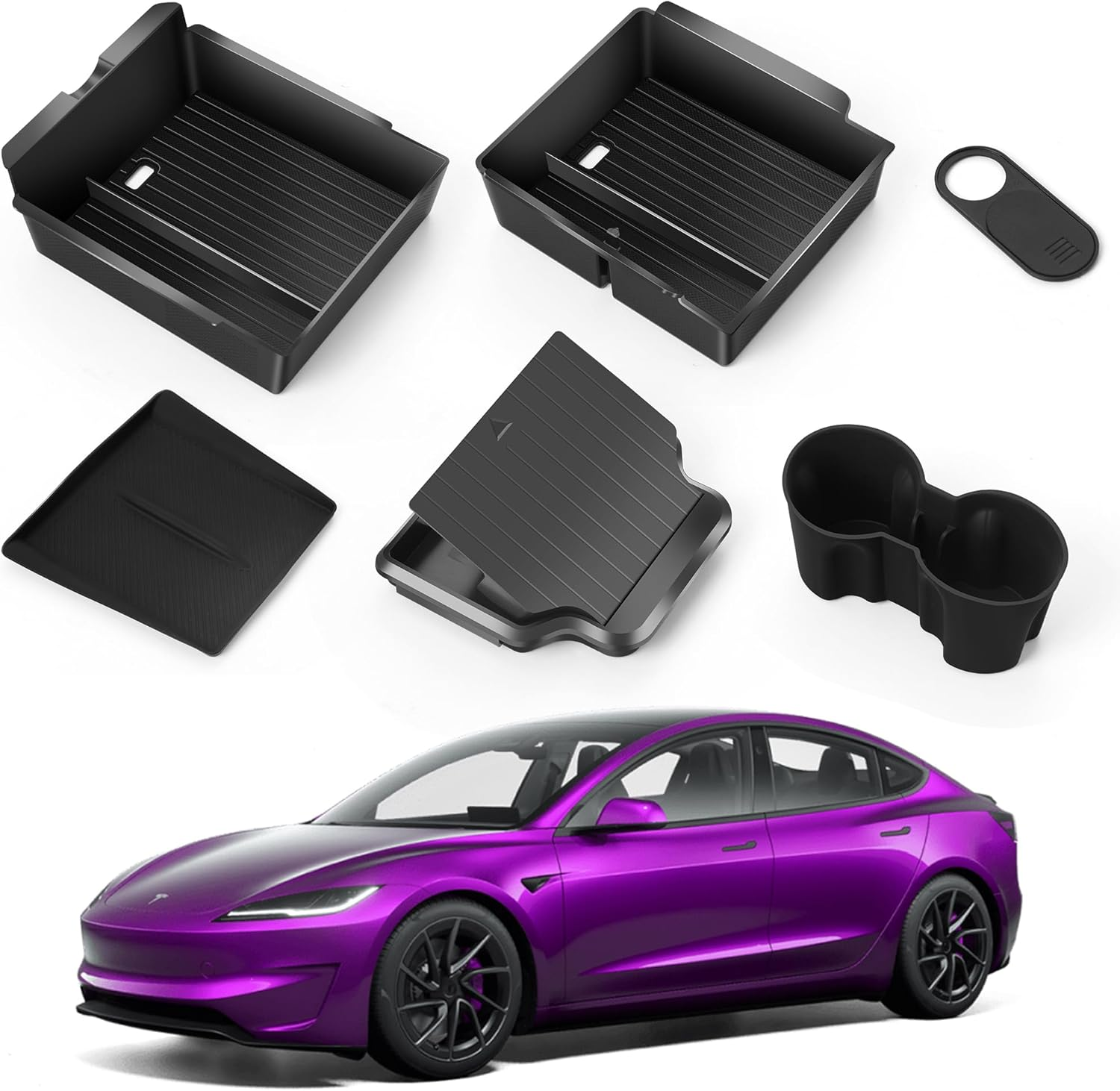 (6 PCS) Center Console Organizer Tray for 2026 2025 Tesla Model Y Juniper & 2026 to 2024 Tesla Model 3 Highland Accessories, Front Rear Storage Box with Silicone Cup Holder Insert Wireless Charger Mat image number 1