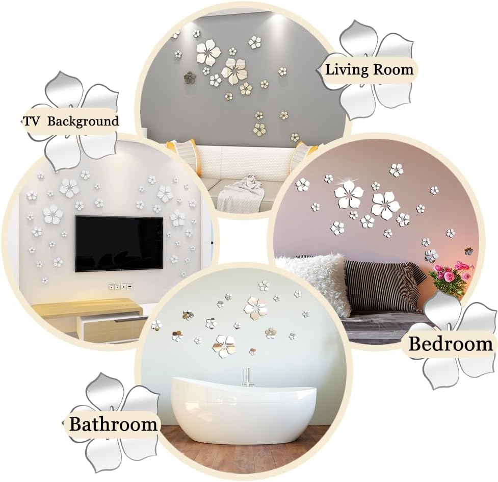 18 Pcs Acrylic Mirror Floral Wall Stickers, Self Adhesive Removable Wall Decal Mirror Set, Silver 3D Flower DIY Art Wall Decoration for Bedroom Home Living Room Sofa TV Background Decor