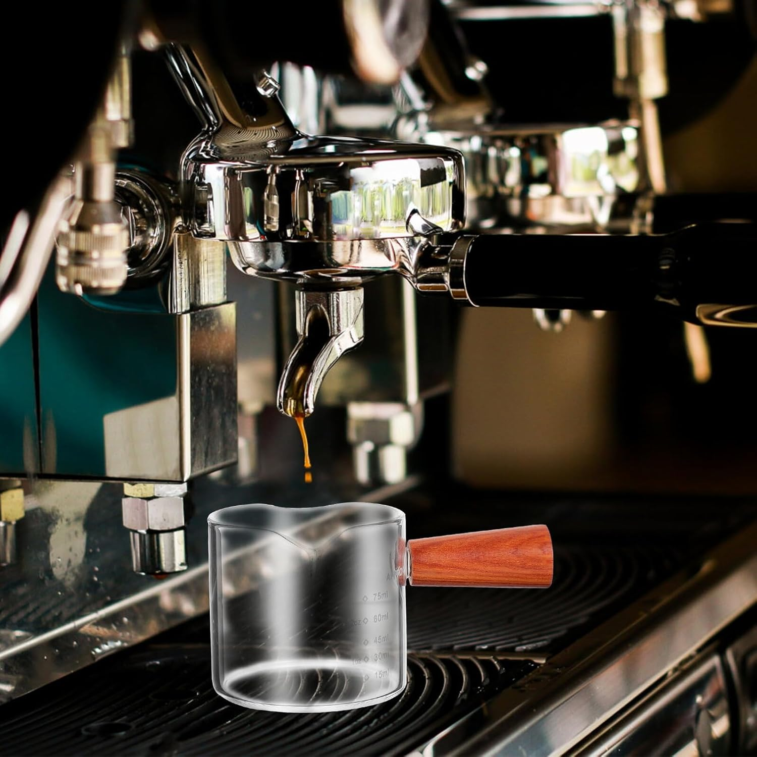 Cabilock Glass Milk Cup with Wooden Handle Double Spout Measuring Cup for Latte Art Coffee Espresso Cappuccino Accessories Home Coffee Bar Practical and Easy to Clean image number 1
