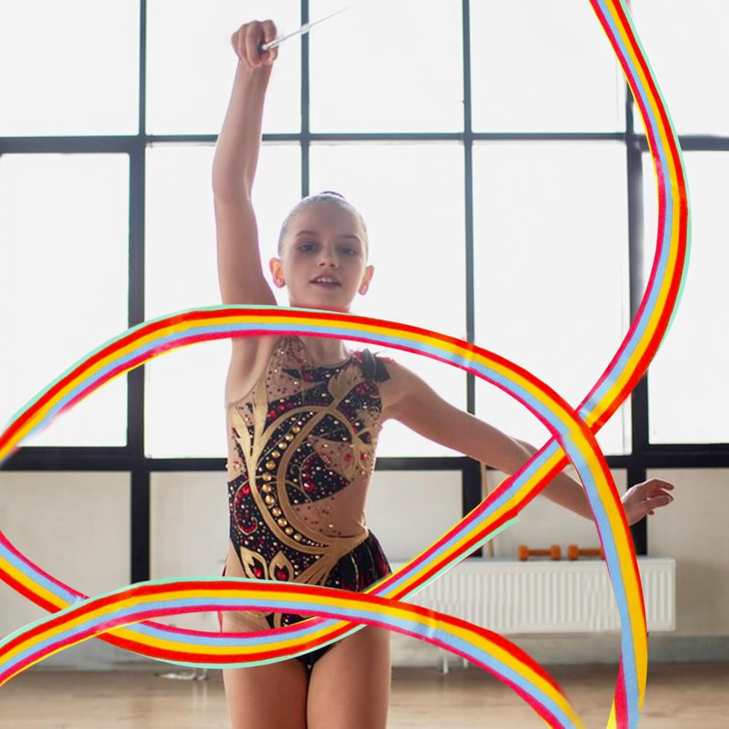 10 Pieces 2 Metre Art Gymnastics Rhythmic Band Swirling Baton Bar, Gym Dance Ribbon Wall Streamer and Stick for Children, Rainbow - Multi-Coloured image number 5