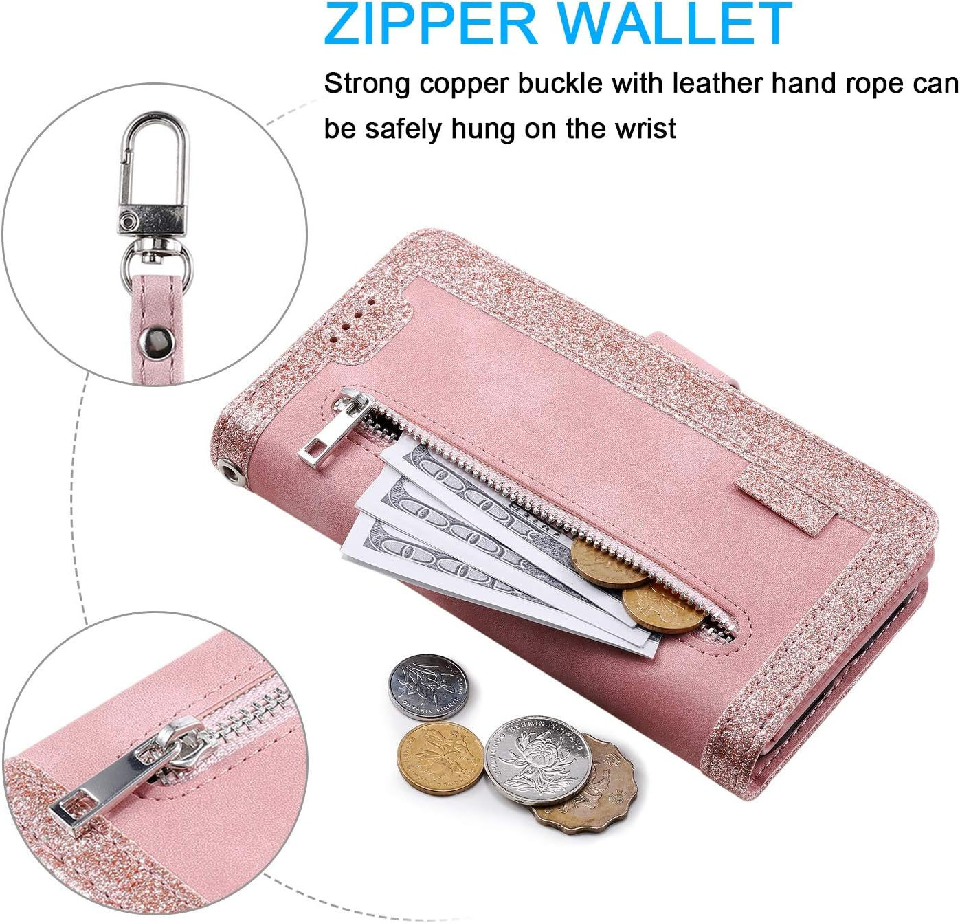 EYZUTAK Wallet Phone Case for Samsung Galaxy A15 4G/5G, Retro Matte 9 Card Holder Slots Zipper Pocket Handbag Case PU Leather Magnetic Closure Kickstand with Wrist Strap Flip Purse Case - Rose Gold