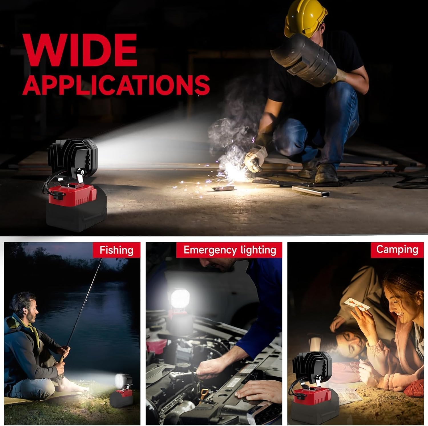 Skogfe LED Work Light Compatible with Milwaukee 18V Battery, 40W 6000LM Flashlight, 18V Battery Cordless Work Light 120&deg;Adjustable with Low Voltage Protection for Outdoors and Job Site Lighting (RED)