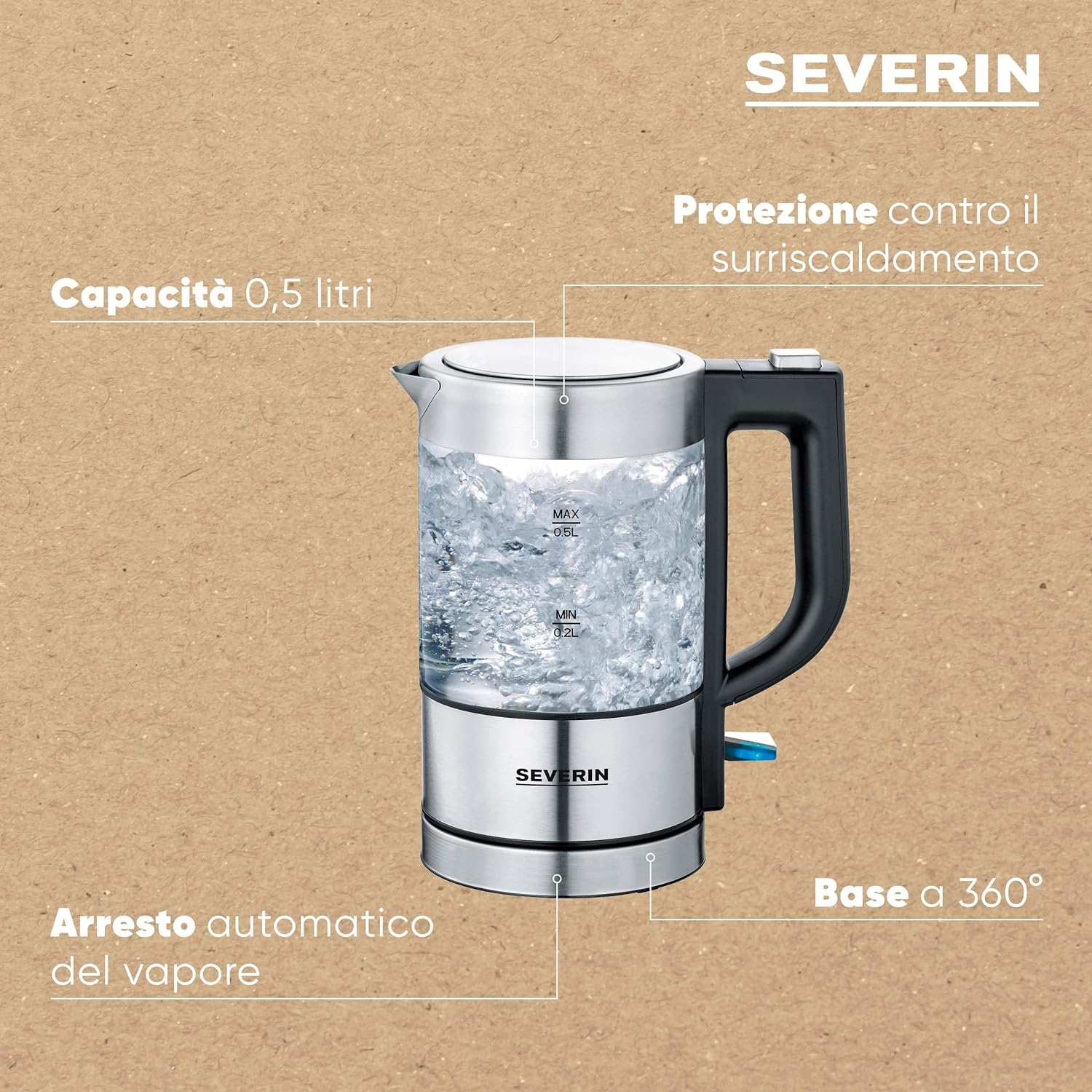 SEVERIN Mini Glass Kettle 0.5 L, Powerful and Compact in High-Quality Design, Electric Kettle with Limescale Filter, Stainless Steel/Black, WK 3472 image number 3