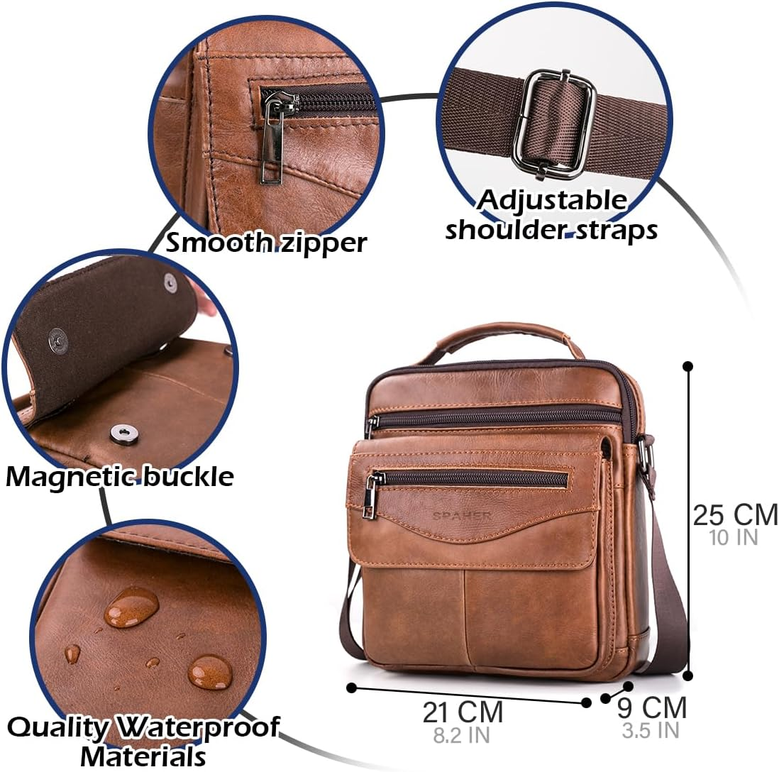 SPAHER Men'S Leather Handbag Shoulder Sling Crossbody Messenger Business Waterproof Travel Daily Bag with Adjustable Strap for Ipad 11 Inch - Deep Brown image number 3