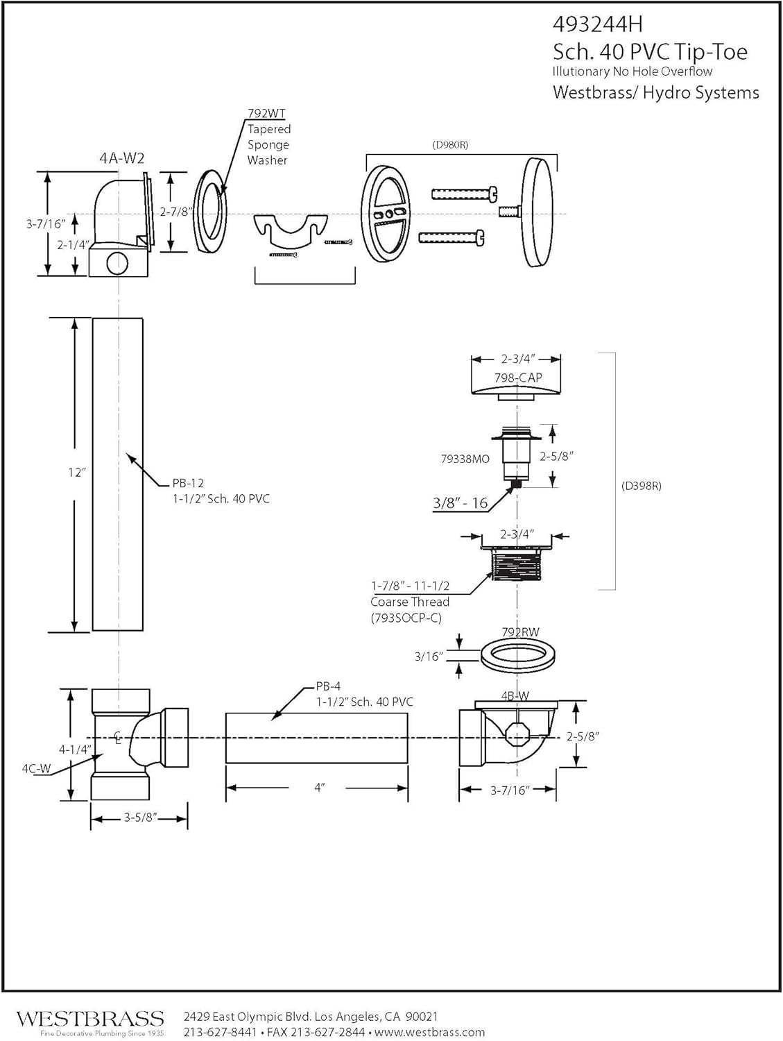 Westbrass 493244H-62 PVC Waste/Overflow Tip-Toe Bath Drain, Matte Black image number 6