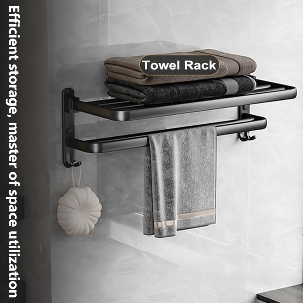 Double-Layer Bathroom Towel Rack, Foldable Washroom Shelf, Rustproof Shower Organizer, with Hooks, for Towels, Toiletries (Long 40 CM) image number 6