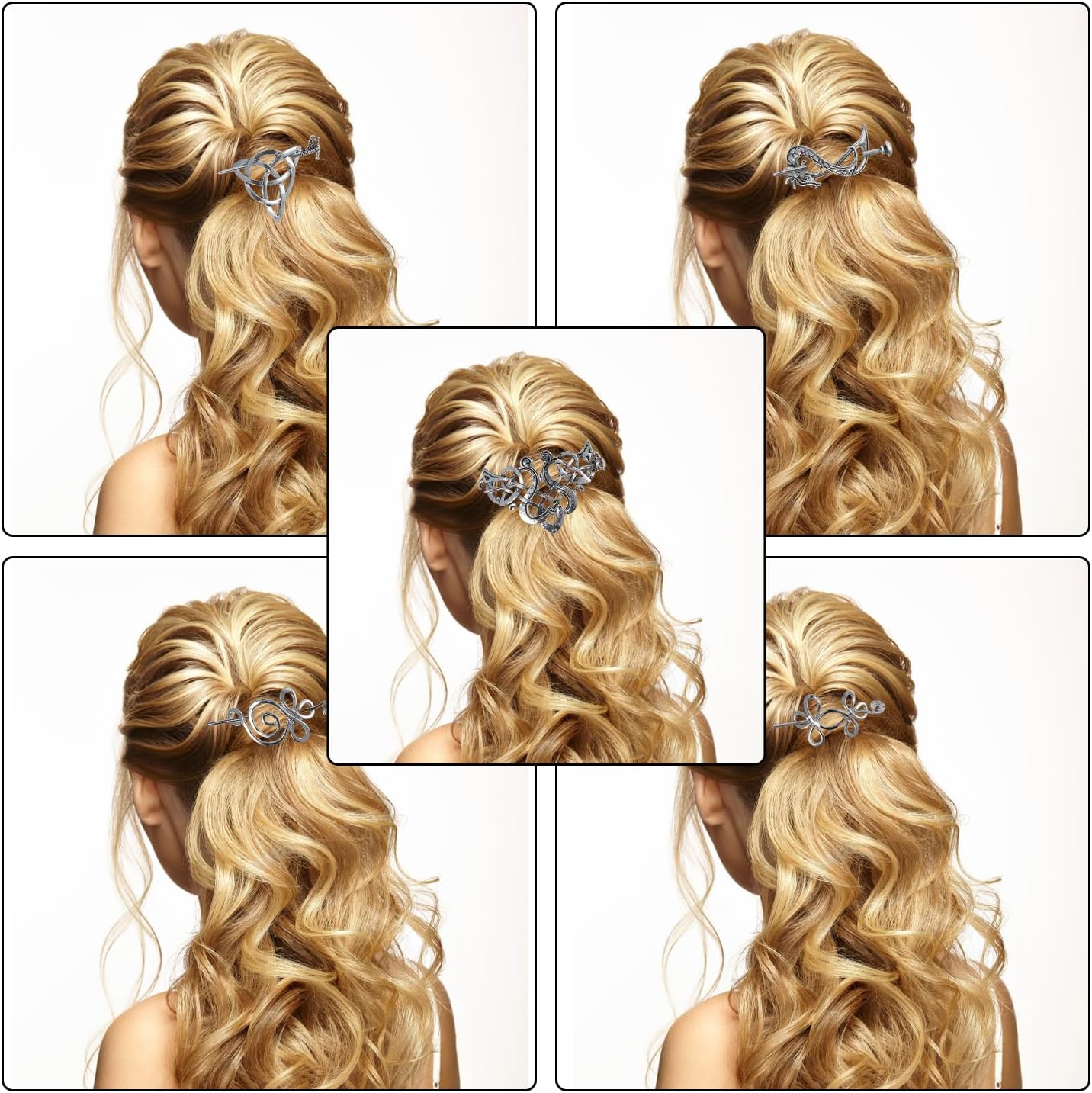 Amexo Pack of 5 Celtic Viking Hair Clips, Vintage Hair Clip Hair Pins Minimalist Metal Knot Hair Stick Knot Hair Clip Retro Hair Accessories for Girls Women (Silver)