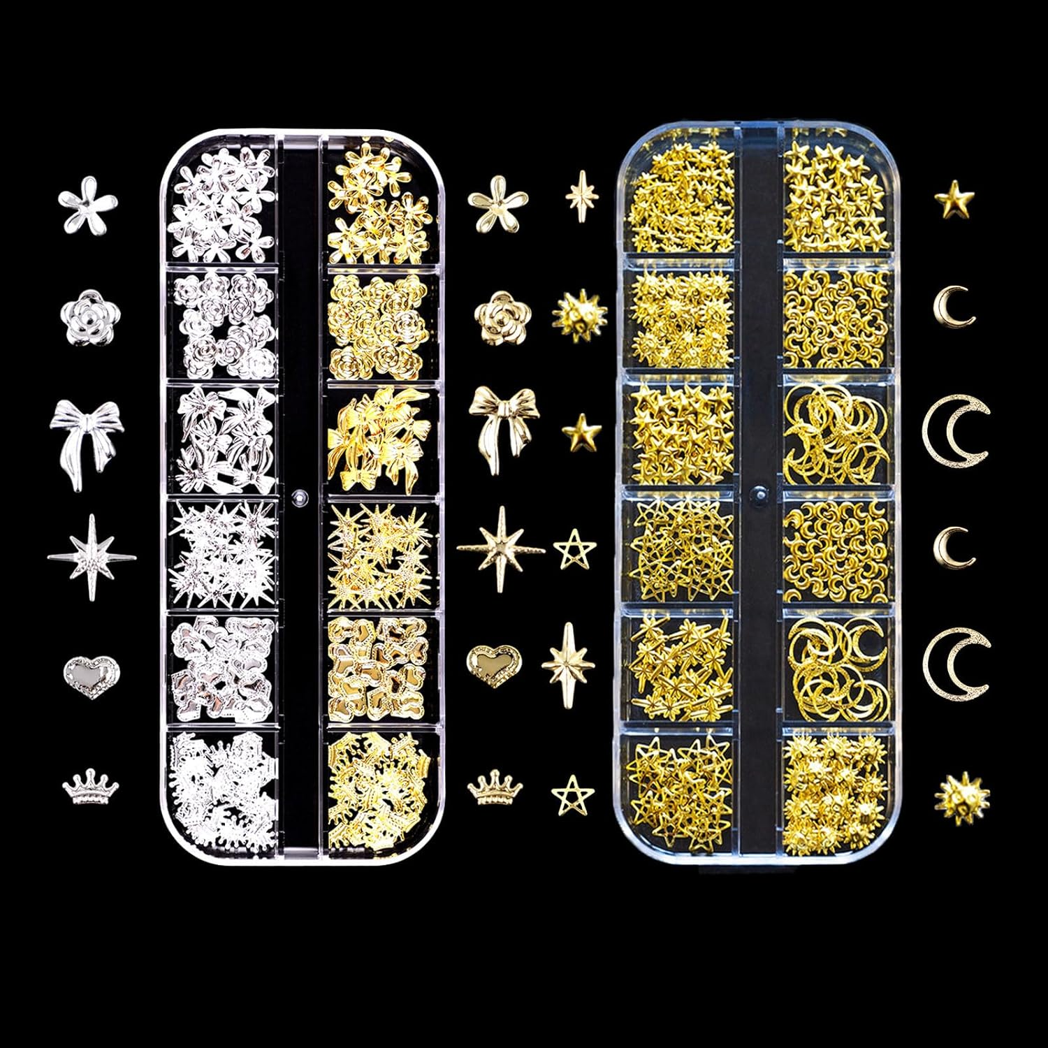 Gold Silver Nail Charms, 2 Boxes 24 Grid Star Heart Flowers Bows Nails Charm Nail Studs, Punk Metal Alloy Nail Gemstone Bow Knot Moon Decoration Accessories for Nail Design DIY Crafts image number 3