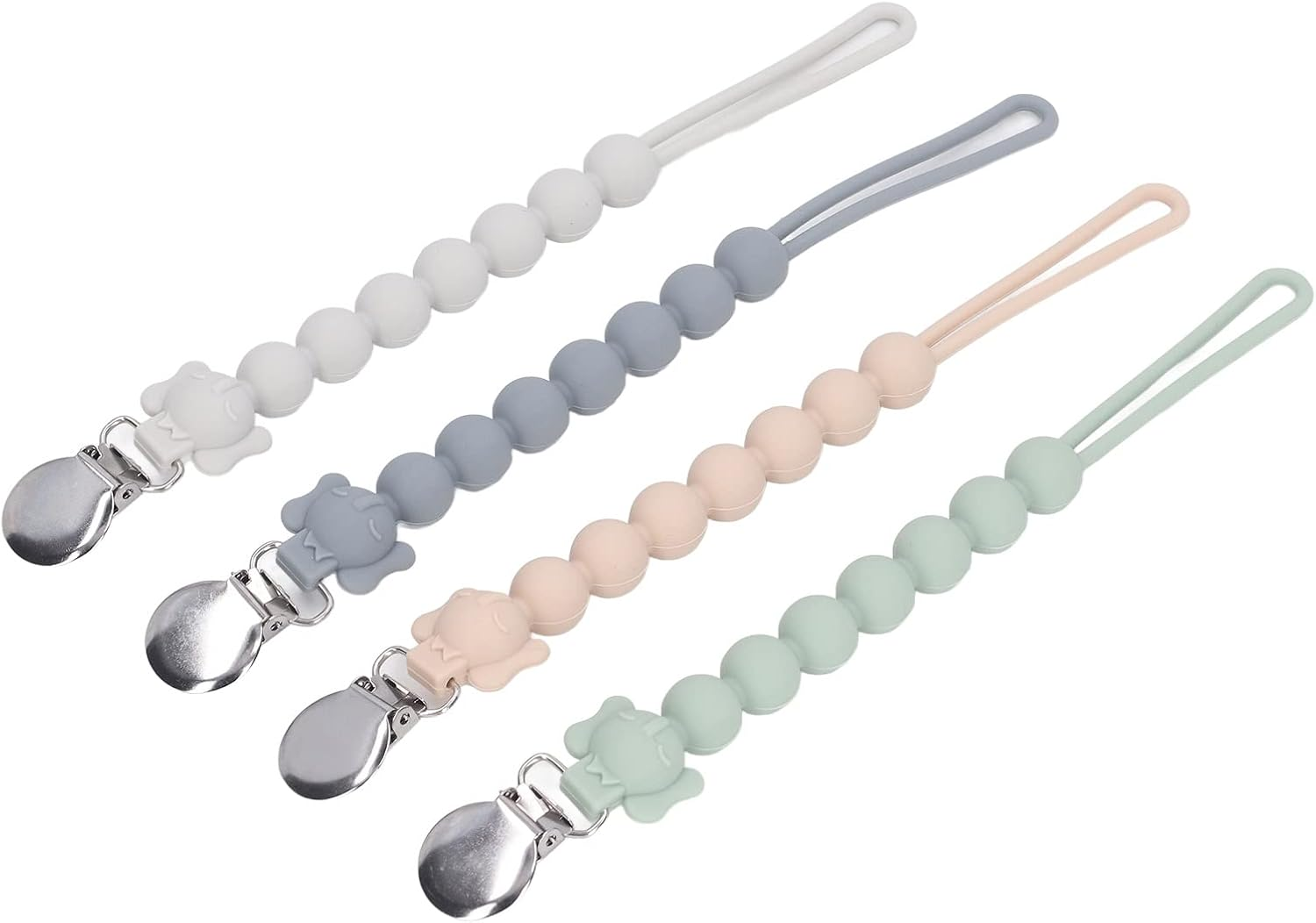 Changor Silicone Pacifier Chain, Elephant Design Secure Clamp Soft Silicone Pacifier Clips for Clothing Blankets Strollers Diaper Bags, 4 Colors (White Grey Green Pink) 23.6Cm 4Pcs image number 1