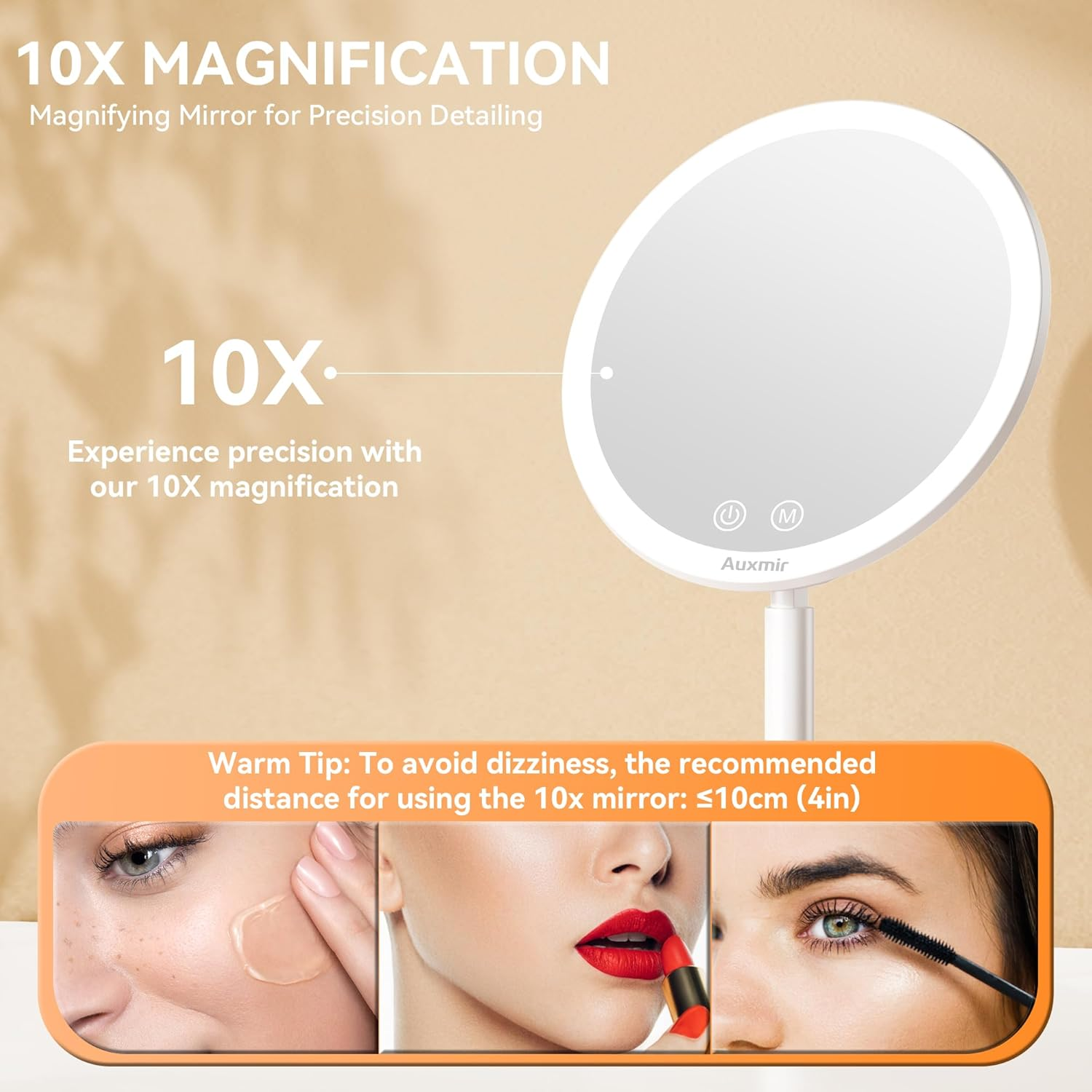 Auxmir Cosmetic Mirror LED Illuminated 10X Magnification Makeup Mirror Touch Switch with 46 Leds 3 Light Colours and Dimmable Brightness USB Rechargeable Makeup Mirror 90&deg; Swivelling for Make-Up image number 2