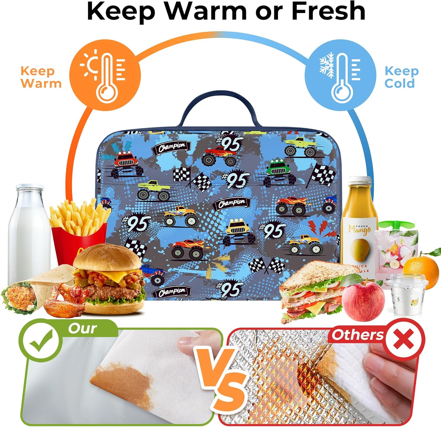 Clastyle Car Insulated Kids Lunch Bag Truck Large Thermal Cooler Bag for Boy Picnic School Lunch Box Tote,Racing Flag image number 2