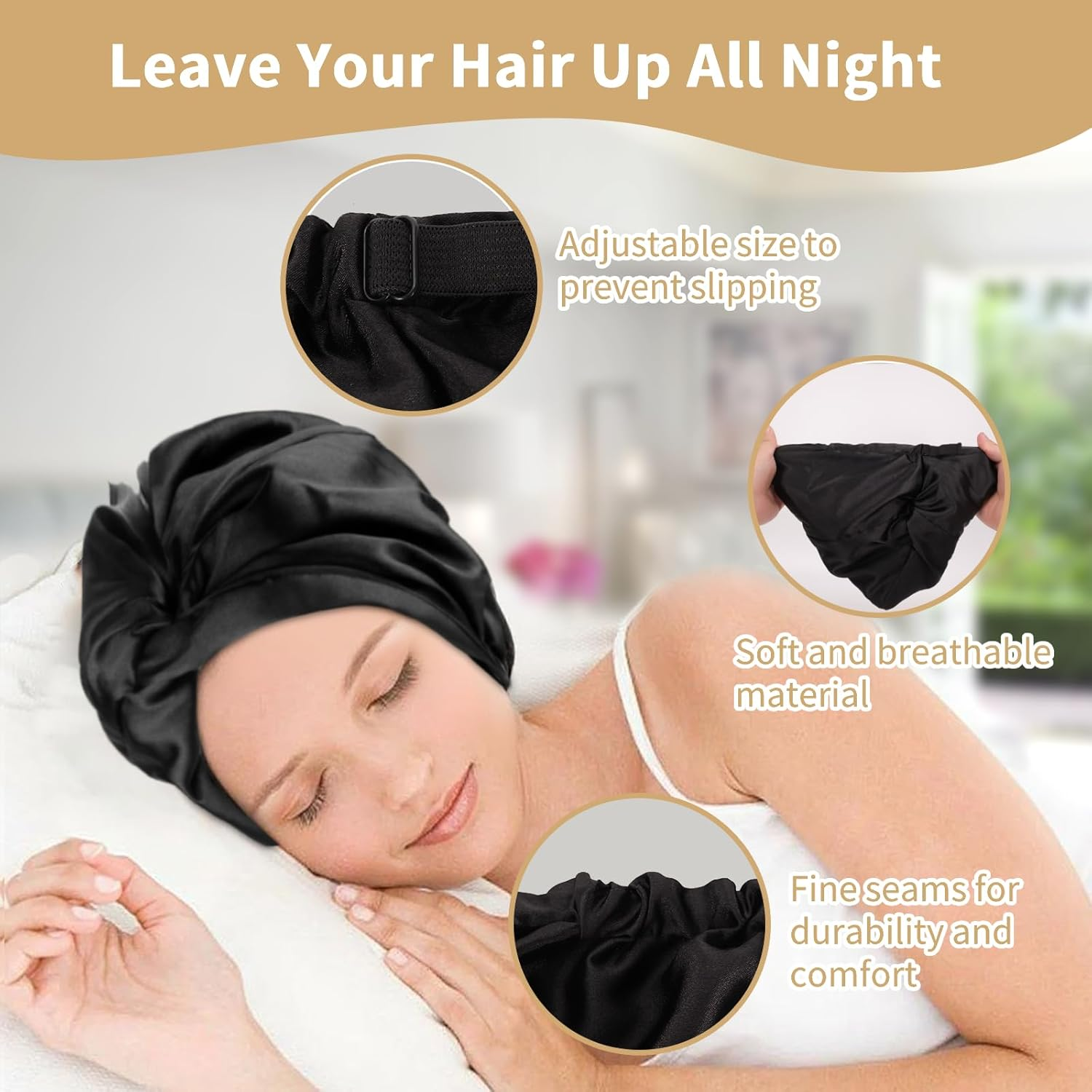 Silk Hood for Sleeping - Sleep Cap Silk for Hair Overnight Healthy, Preserves Curl Shape, Prevents Frizz & Hair Breakage, Silk Bonnet Silk for Women with All Hair Types (Black) Kaempe
