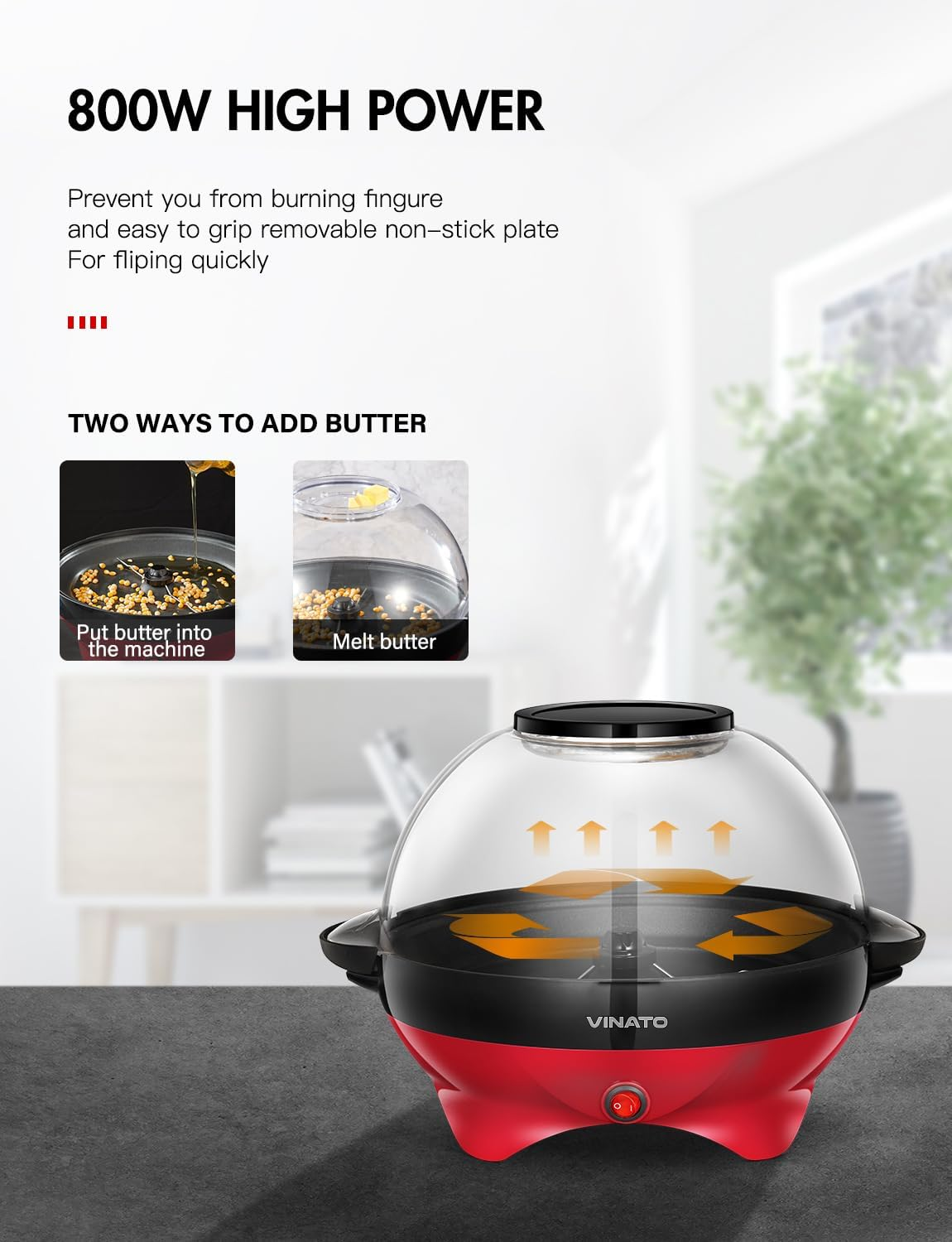 VINATO Popcorn Machine, Popcorn Maker for Home, Popcorn Popper Machine with Non-Stick Coating and Removable Heating Surface, 5 L, with Cool Touch Handles image number 3