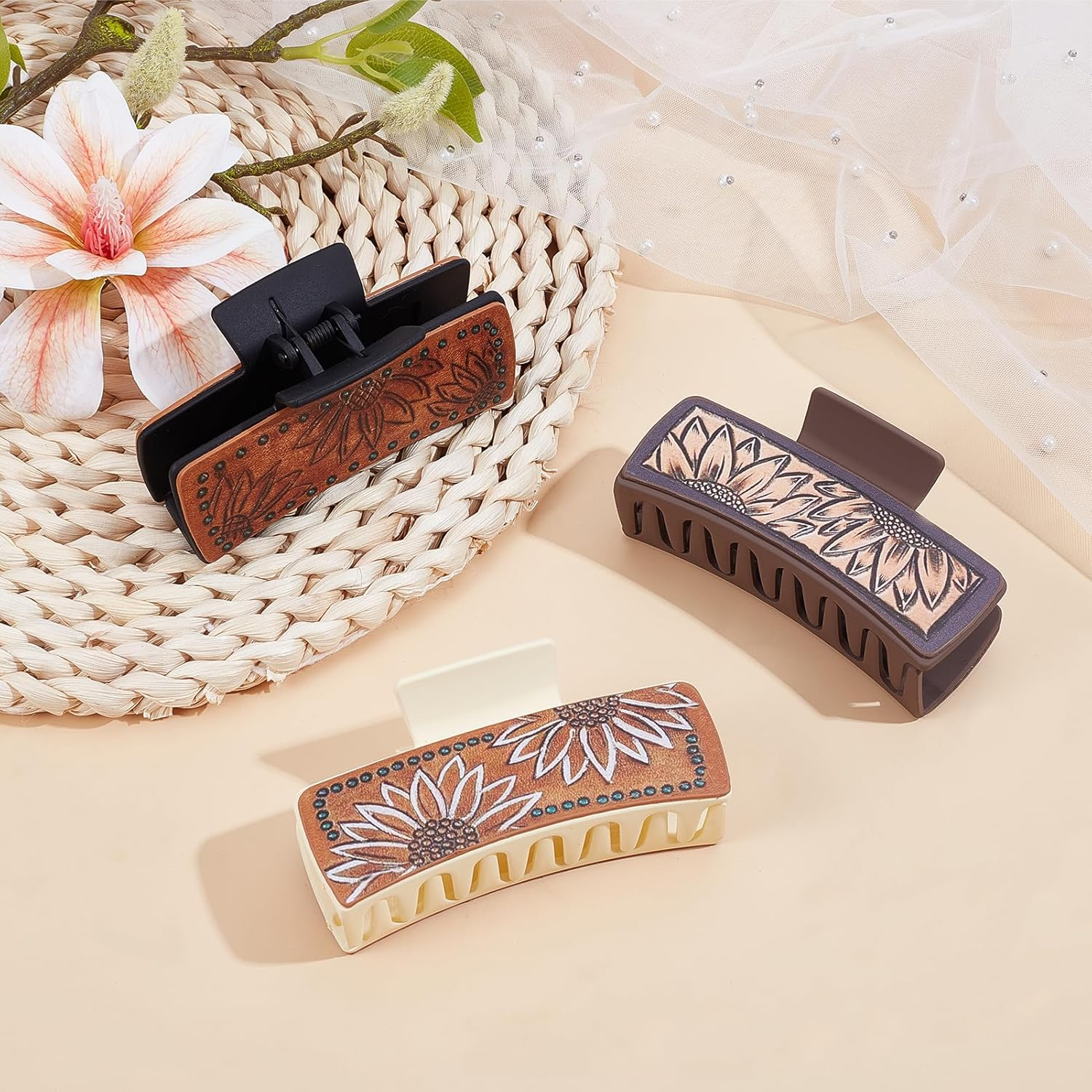 NICENEEDED 3 PCS Sunflower Hair Claw Clips, 1.7 X 4.1 Inch Matte Leather Floral Western Large Hairpins, Hair Accessories for Women Long Short Hairstyle image number 1