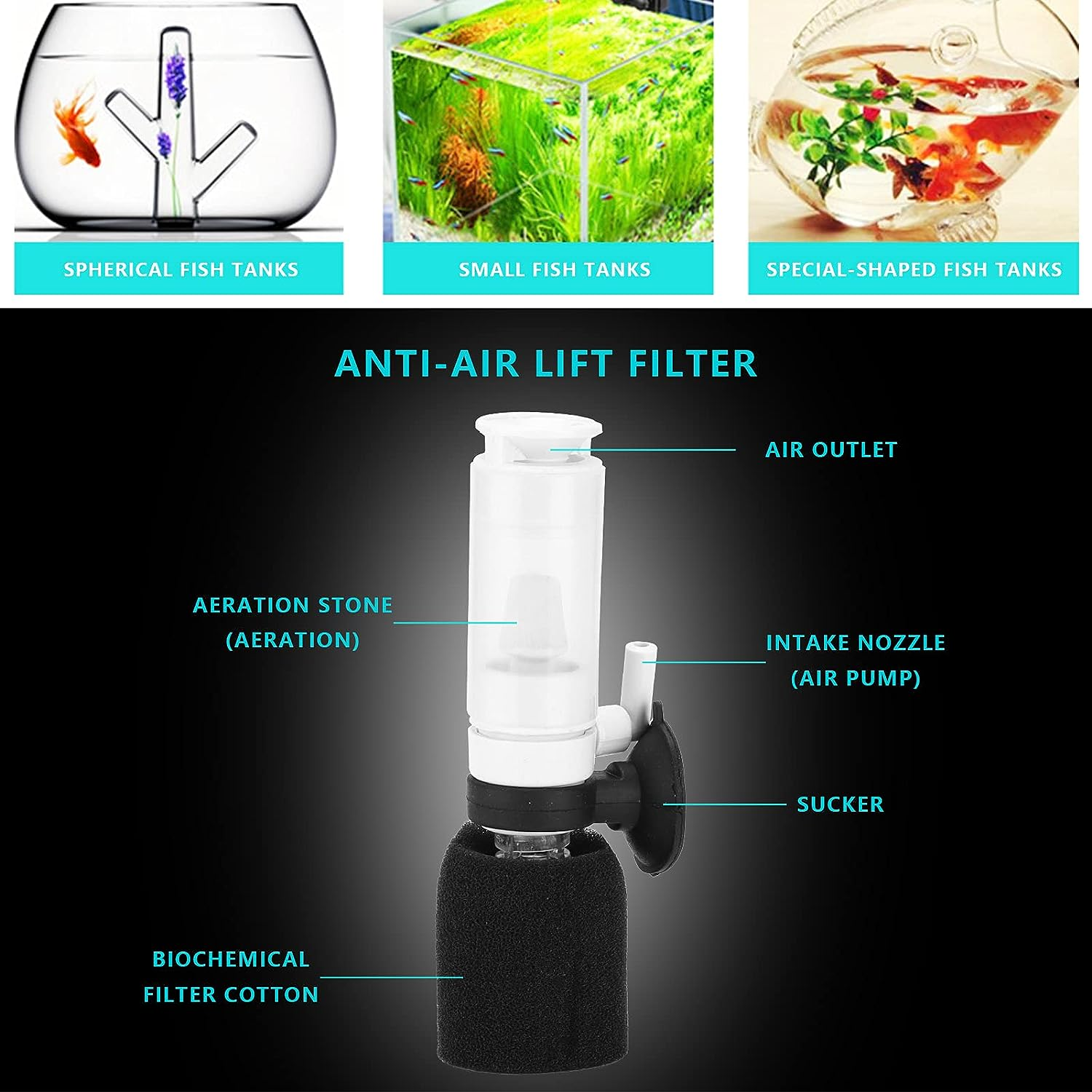 Air Pump Filter, 3‑In‑1 Small Filter with Trachea for Aquarium image number 6