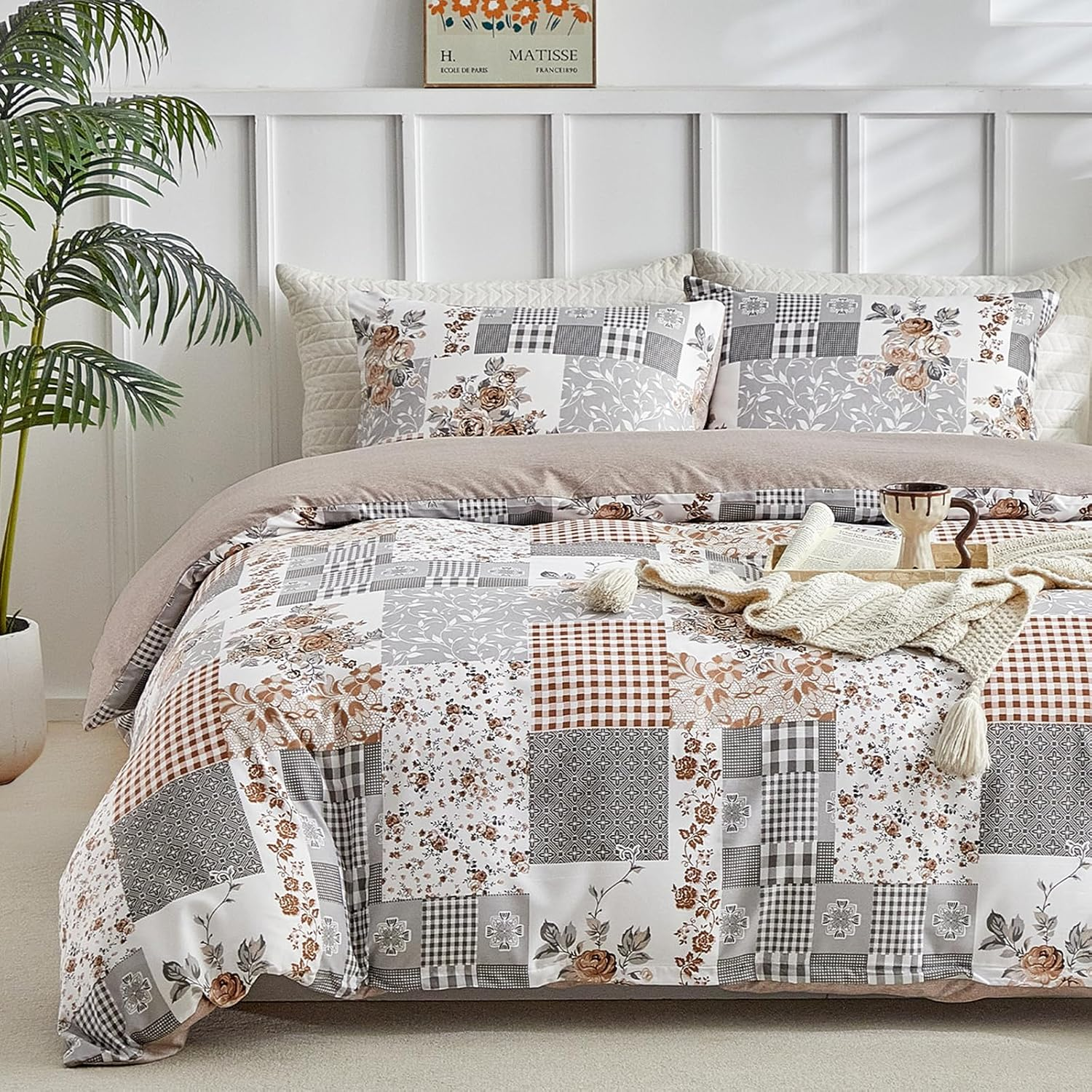 Tokokimo Duvet Cover 220 X 240 Cm with 2 Pillowcases 65 X 65 Cm - Bohemian Patchwork Floral Pattern - 100% Microfibre Bedding Set 220 X 240 Cm for Adults with Zips, Khaki