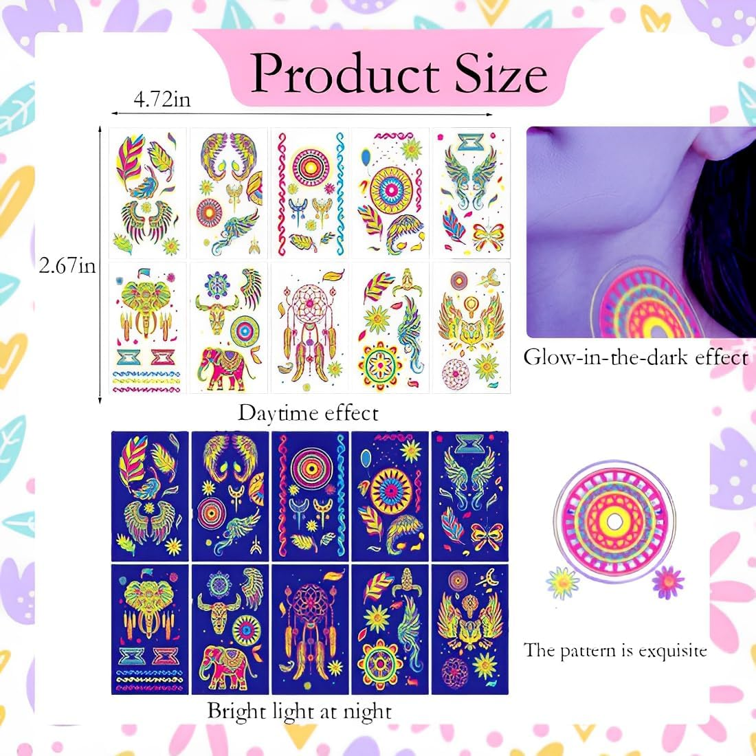 10 Sheets of Luminous Tattoos under Neon UV Black Light, Temporary Tattoos, Tattoos, Adults, Teenagers, Children, Luminous Party Decoration, Waterproof Adhesive Tattoos, Party Gadgets image number 3