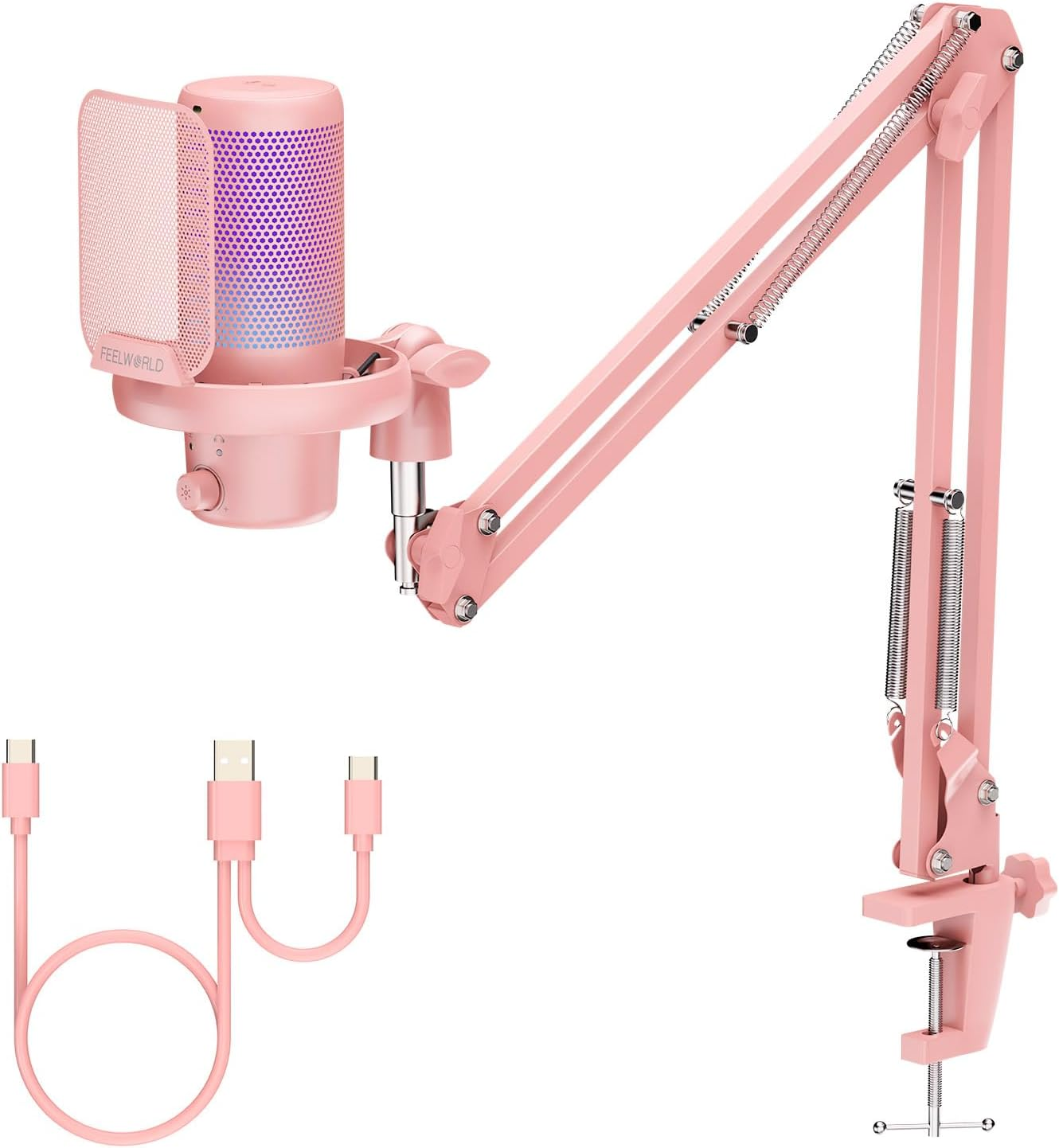 FEELWORLD VM1 White Gaming PC USB Microphone Condenser Mic with Boom Arm Noise Cancellation RGB Light Mute, Computer Accessories for Gamer Youtube Twitch Podcast Streaming Recording Chat PS4 PS5