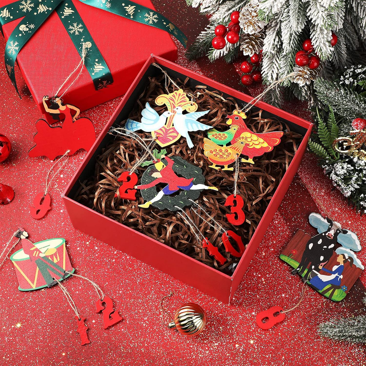 12 Pieces 12 Days of Christmas Ornaments Set Wooden Christmas Ornament 3.15 Inch Colorful Xmas Twelve Days of Christmas Ornaments Hanging Christmas Ornaments for Christmas Tree (Irregular Style) image number 5