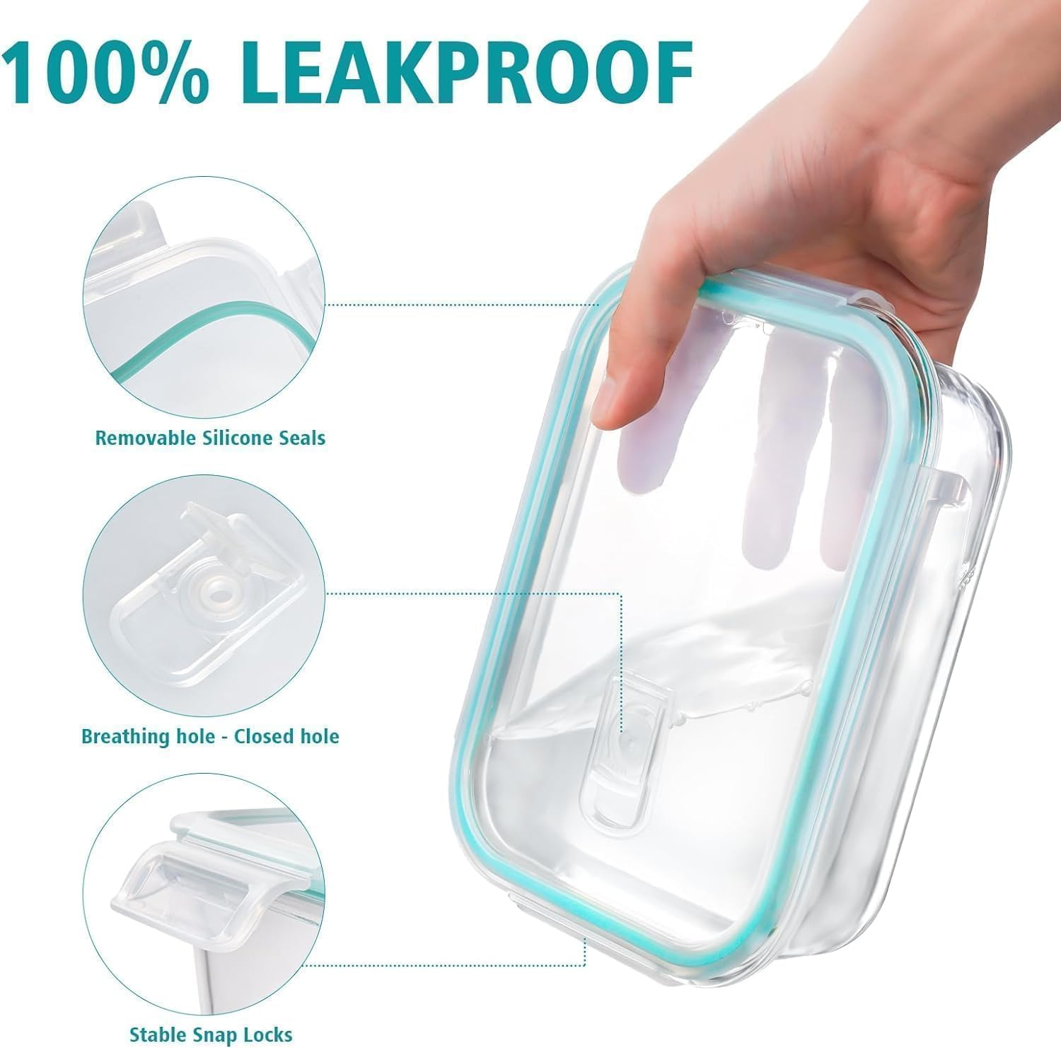 Feshory 12 Pack Airtight Glass Food Storage Containers with Lids - Glass Meal Prep Food Containers, Lunch Box Safe for Microwave, Freezer, Dishwasher Kitchen Storage & Organisation image number 5