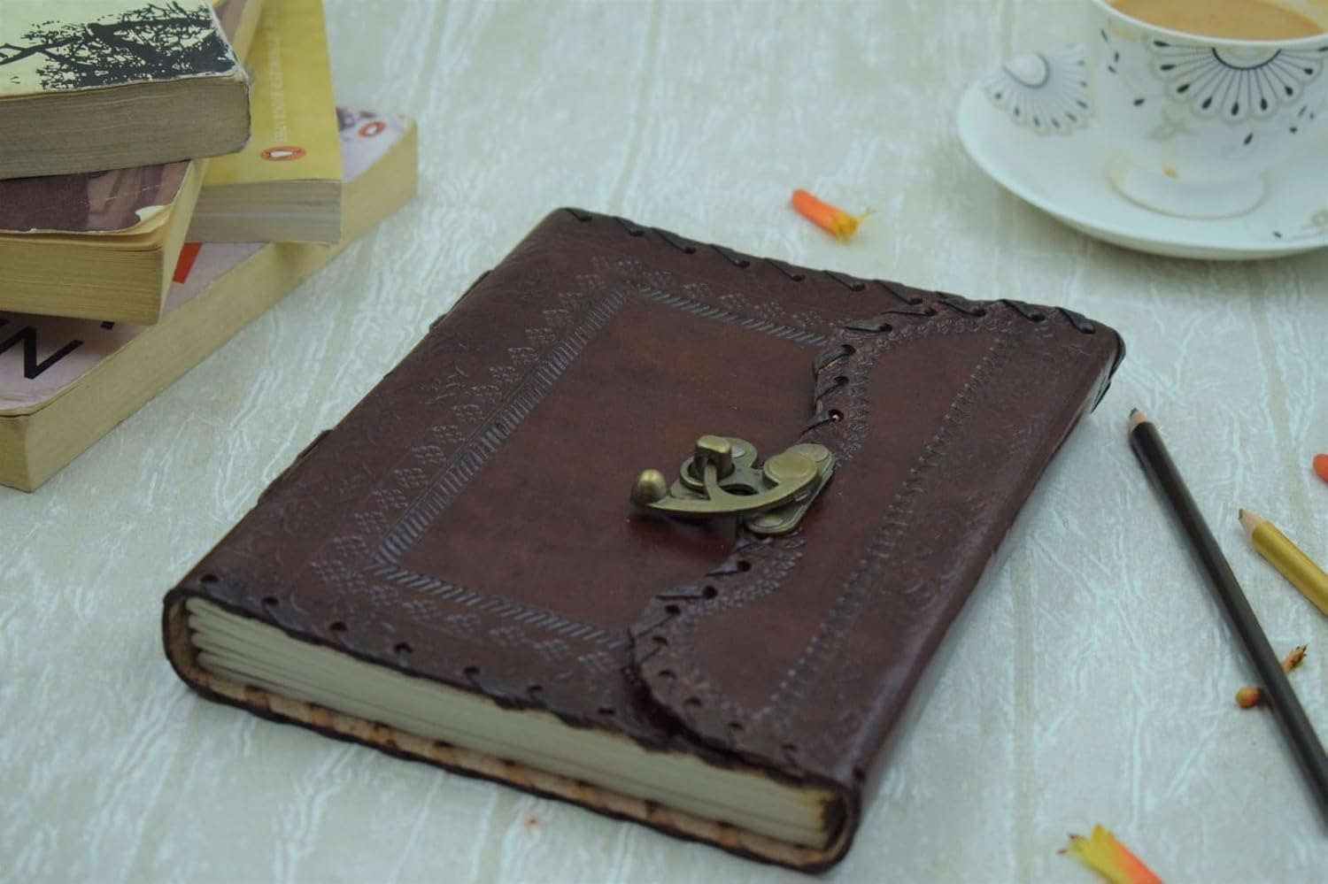 OVERDOSE Mehrab Brass C-Lock Leather Journal - Handmade Antique Stone Journal Diary Leather Sketchbook Drawing Notebook - 6 X 8 Inches | 15 X 20 Cm | A5 image number 4