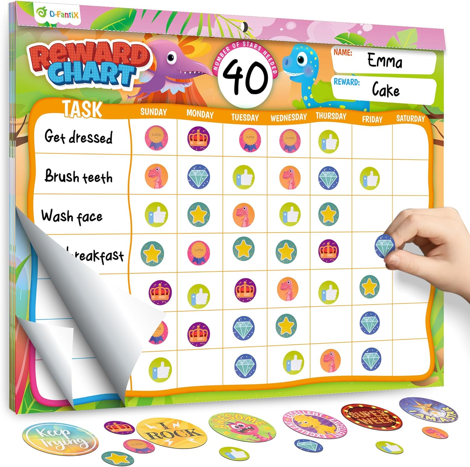 D-Fantix Reward Chart for Kids - Pad with 27 Customized Chore Charts, Behavior Chart for Kids at Home, Sticker Chart to Motivate Responsibility and Good Habits, 2280 Stickers & 48 Incentive Stickers