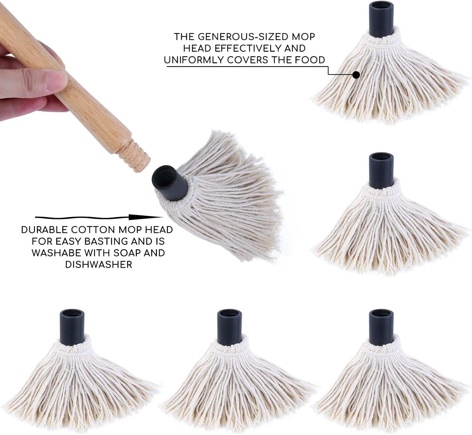 Donxote 18 Inch BBQ Mop Brush Set of 2, with 6 Extra Replacement Heads, Wooden Long Handle Cotton Head Mopping Basting Grill Sauce Perfect for Grilling Smoking Steak Marinade or Glazing image number 5