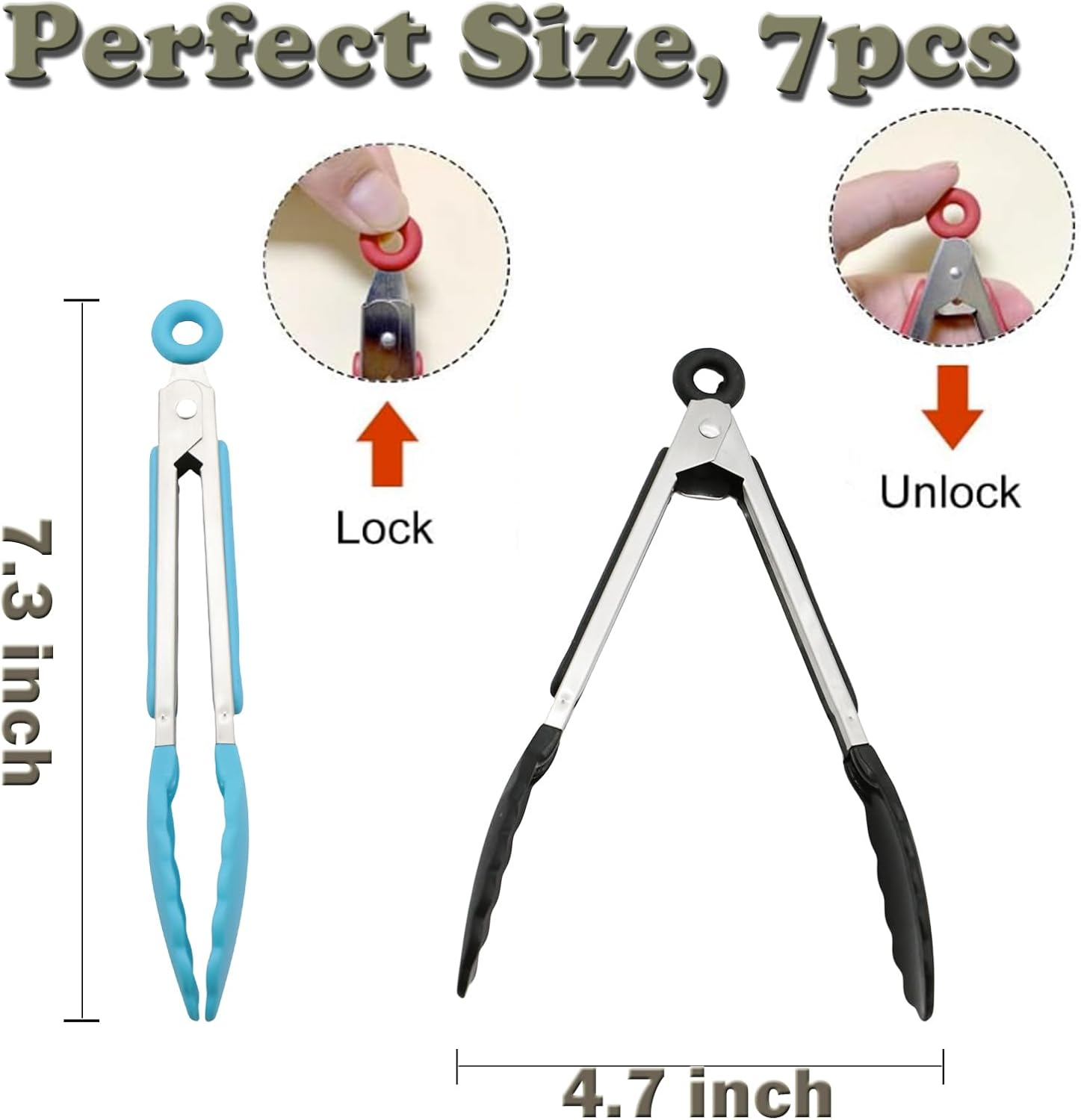 7 Pack Kitchen Tongs Set, Stainless Steel Silicon Handles and Nylon Tips,7 Inch Color Stainless Steel Tongs,Heat Resistant Non-Stick BBQ Tongs with Locking, for Cooking Grilling Salad image number 2