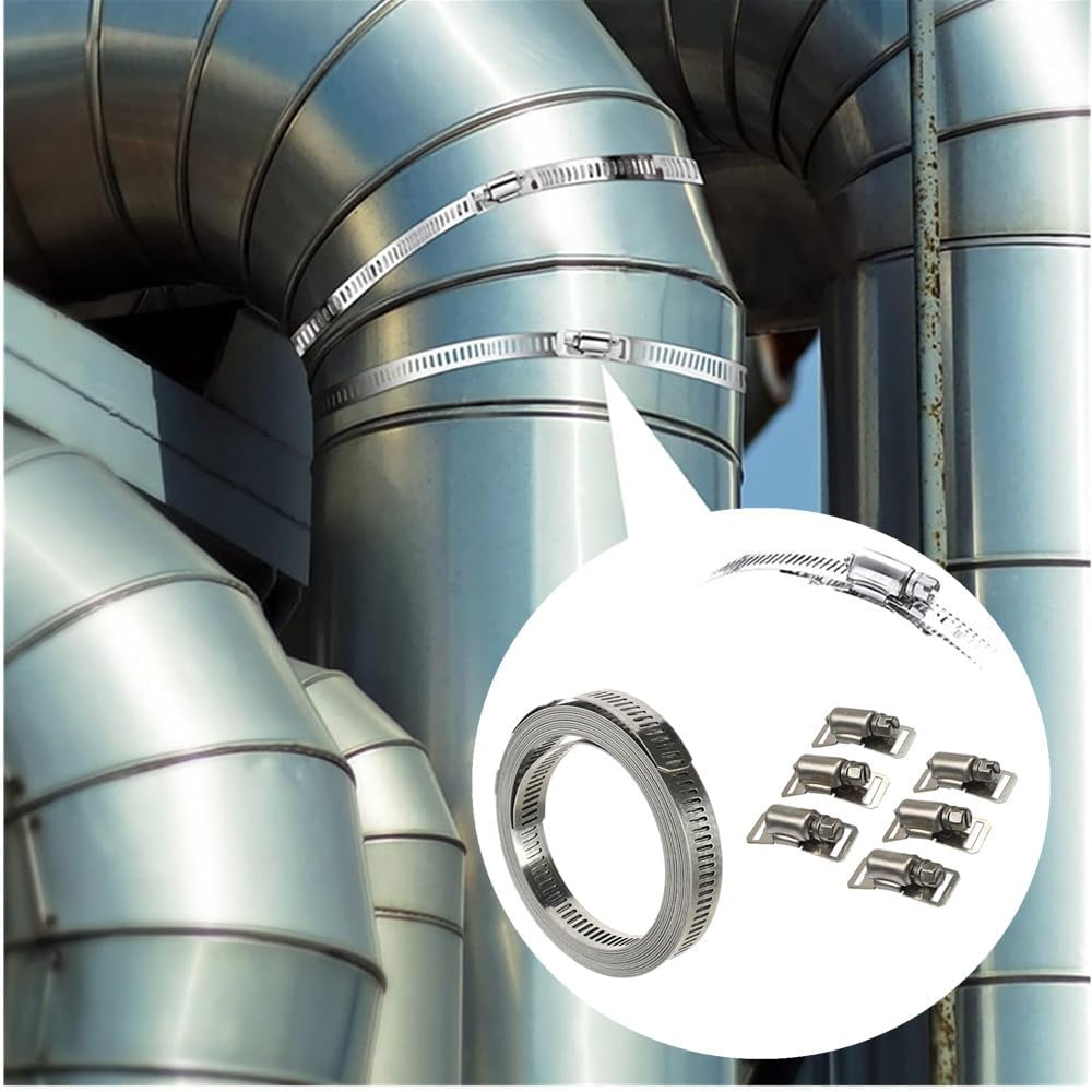 7Pcs 9.8 Feet Long Worm Gear Hose Clamp with Fasteners, 304 Stainless Steel Large Adjustable Pipe Clamps 6Pcs Fasteners for Ductwork, Pole Securing and Strapping image number 5