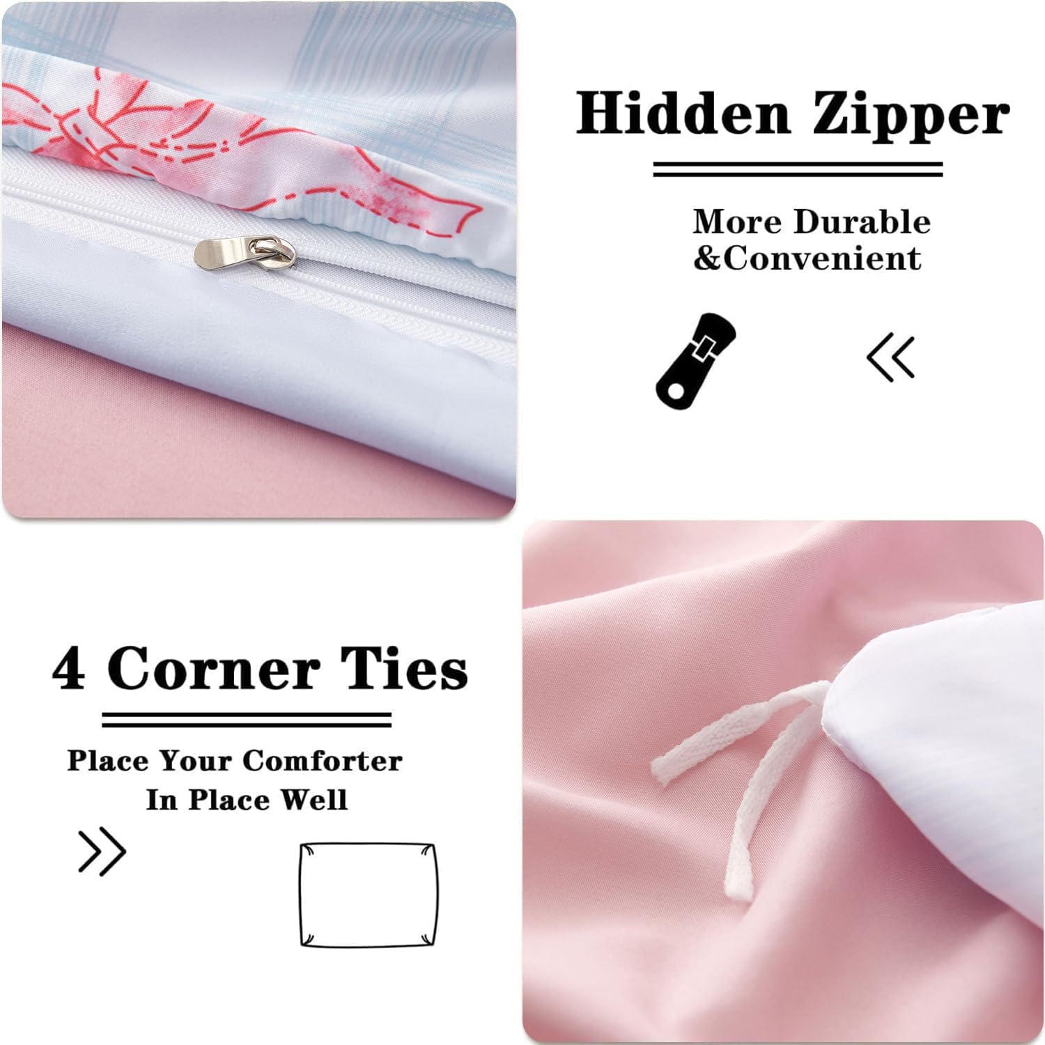 Bildenly Duvet Cover Queen Size Blue Plaid Pink Bowknot Pattern Bedding Set 3 Piece Kids Girls Kawaii Cute Romantic Soft Microfiber Reversible Comforter Cover with Zipper Closure and 2 Pillow Shams image number 3