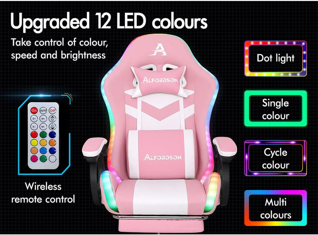 ALFORDSON Gaming Office Chair with 12 RGB LED Lights & 8 Point Massage, Racing Computer Chair with Lumbar Support & Retractable Footrest, Ergonomic Desk Chair with PU Leather Seat Office Gamer (Pink) - Marc Fabric Grey image number 3