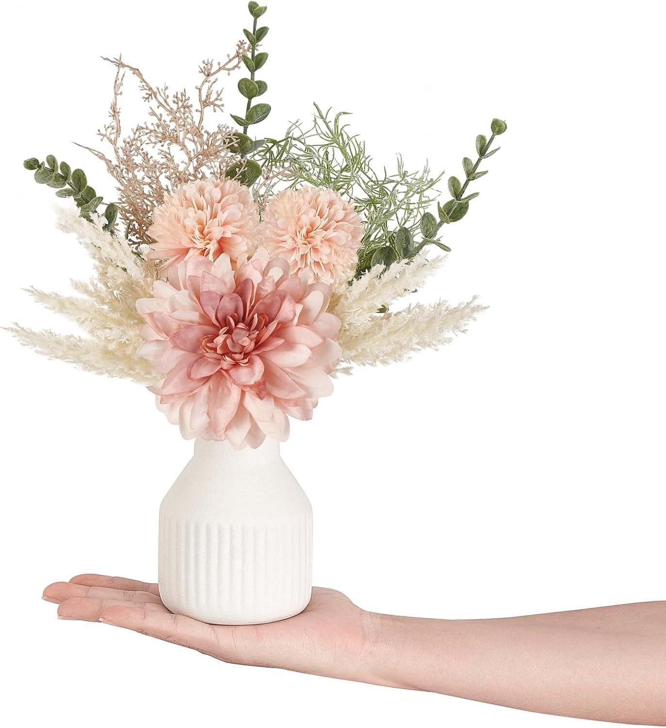 Small Artificial Flowers 13.5" Centerpieces Coffee Table Decor, Silk Flower Arrangements for Home Decor Indoor Fake Flower Bouquet for Dining Room Kitchen Wedding Pink image number 5