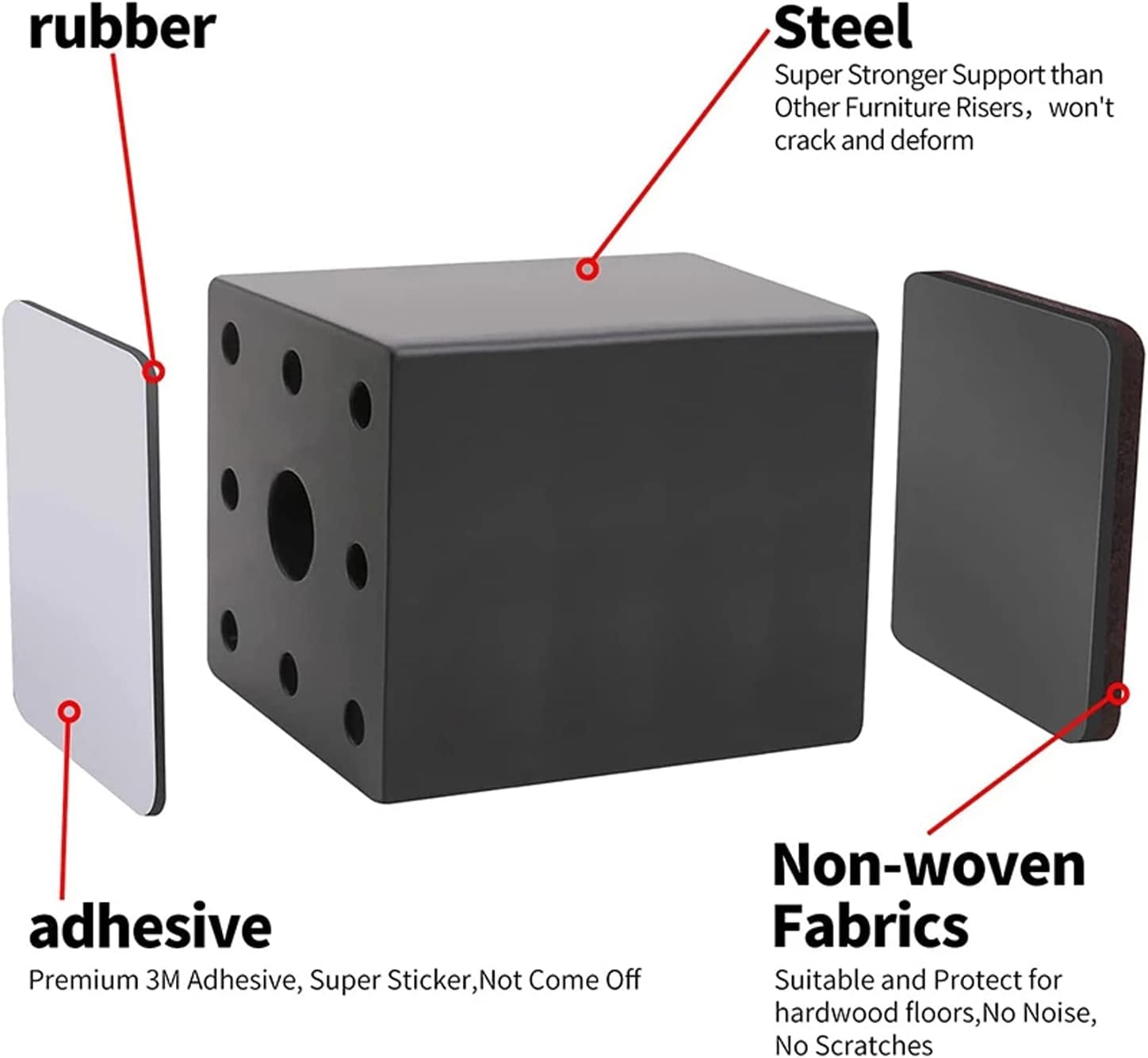 2Inch Lift Furniture Risers Carbon Steel Bed Risers, Self-Adhesive Bed Riser, Table Riser, Sofa Riser, 4 Pcs Heavy Duty Bed Riser Lifts Adds 2" Height Supports to 5000 Lbs (Square, Black)