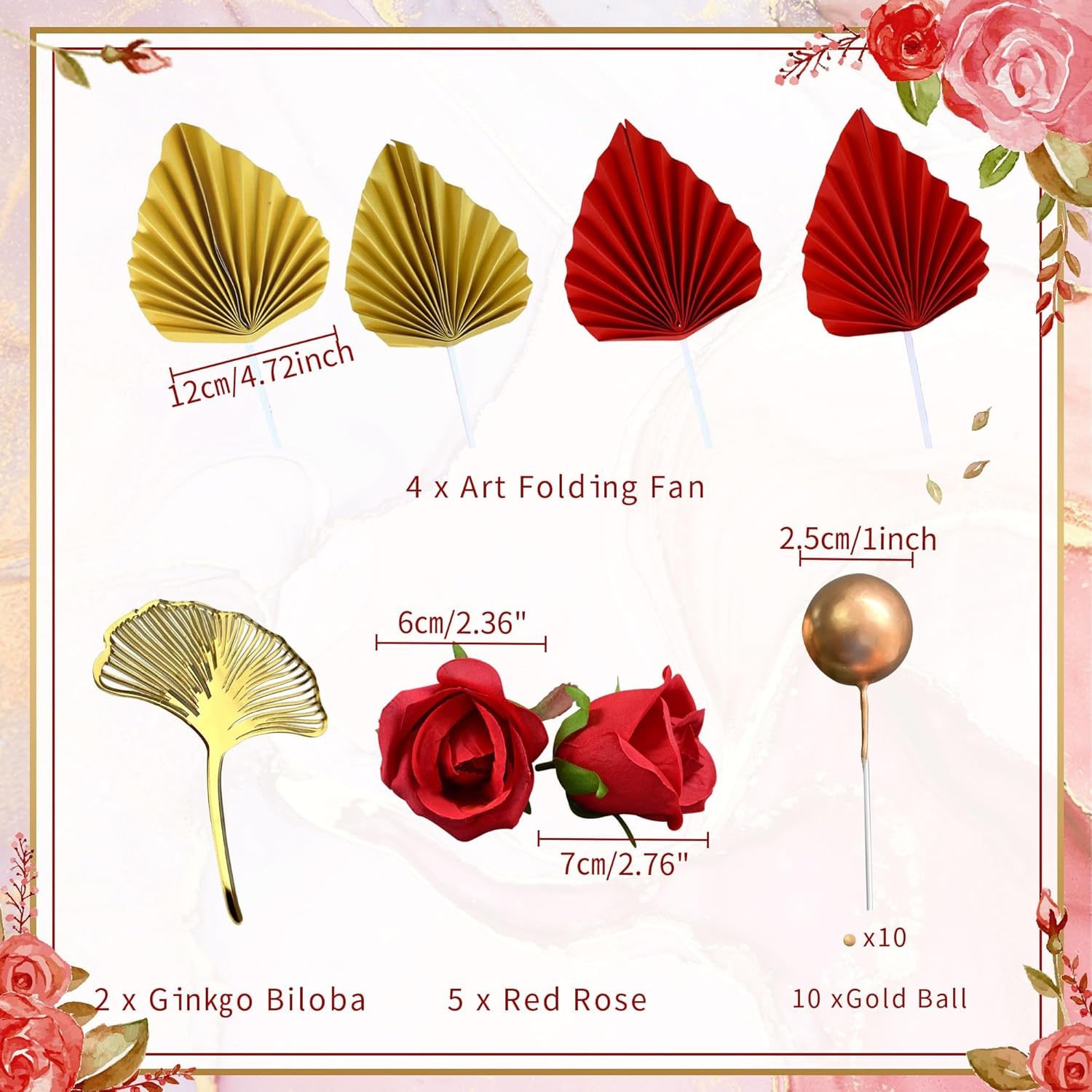 Jevenis Red Rose Cake Decoration Queen Lady in Red Cake Topper Gold Leaves Cake Decoration for Wedding Birthday Bridal Shower Engagement Baby Shower image number 6