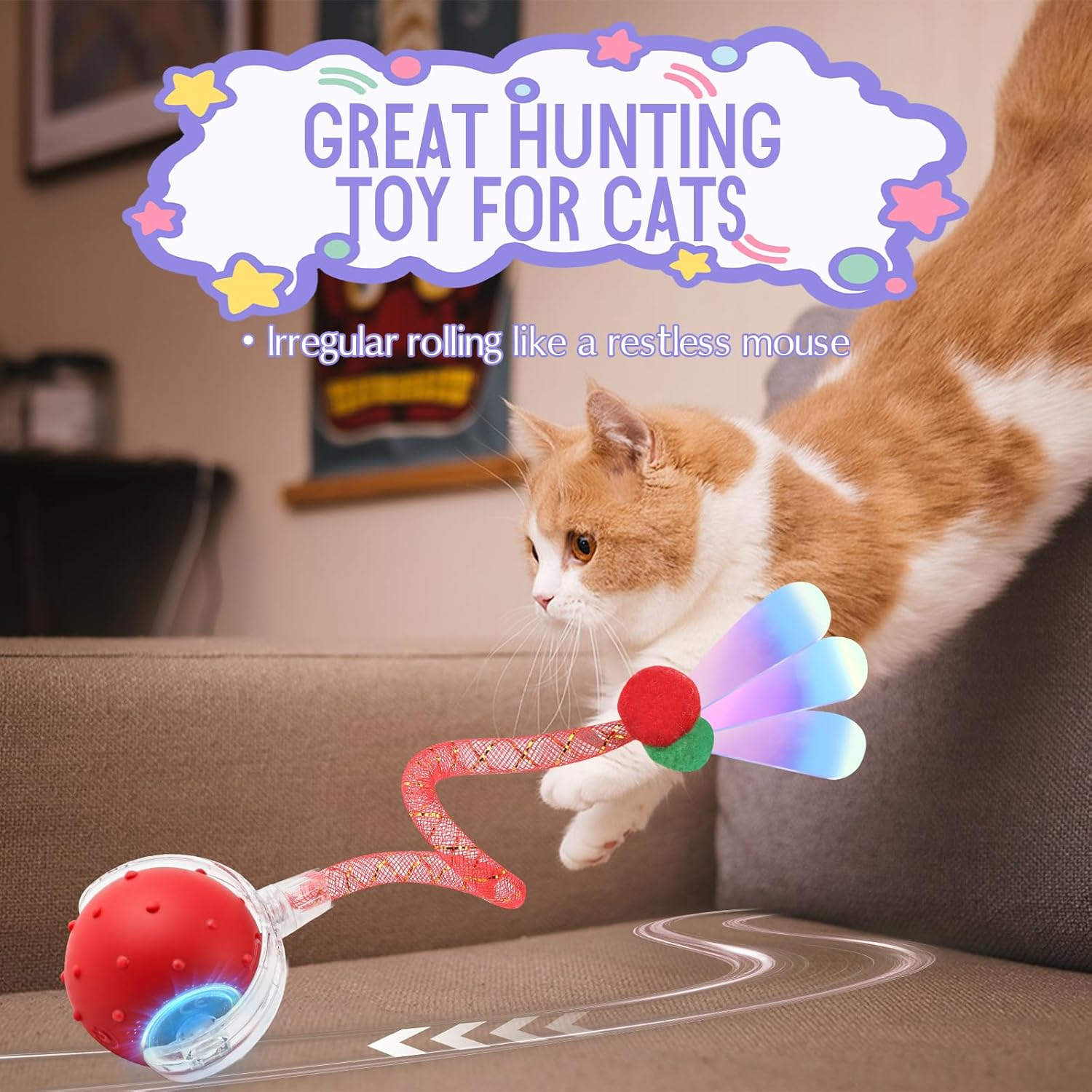 Interactive Cat Toy Ball with 2 Tails&ndash;2025 Upgrades Cat Toys for Indoor USB-C Rechargeable,Auto Rolling,Smart Obstacle Avoidance,Self-Activating Electric Chase Toy for Bored Indoor Cats & Dogs(Red image number 5