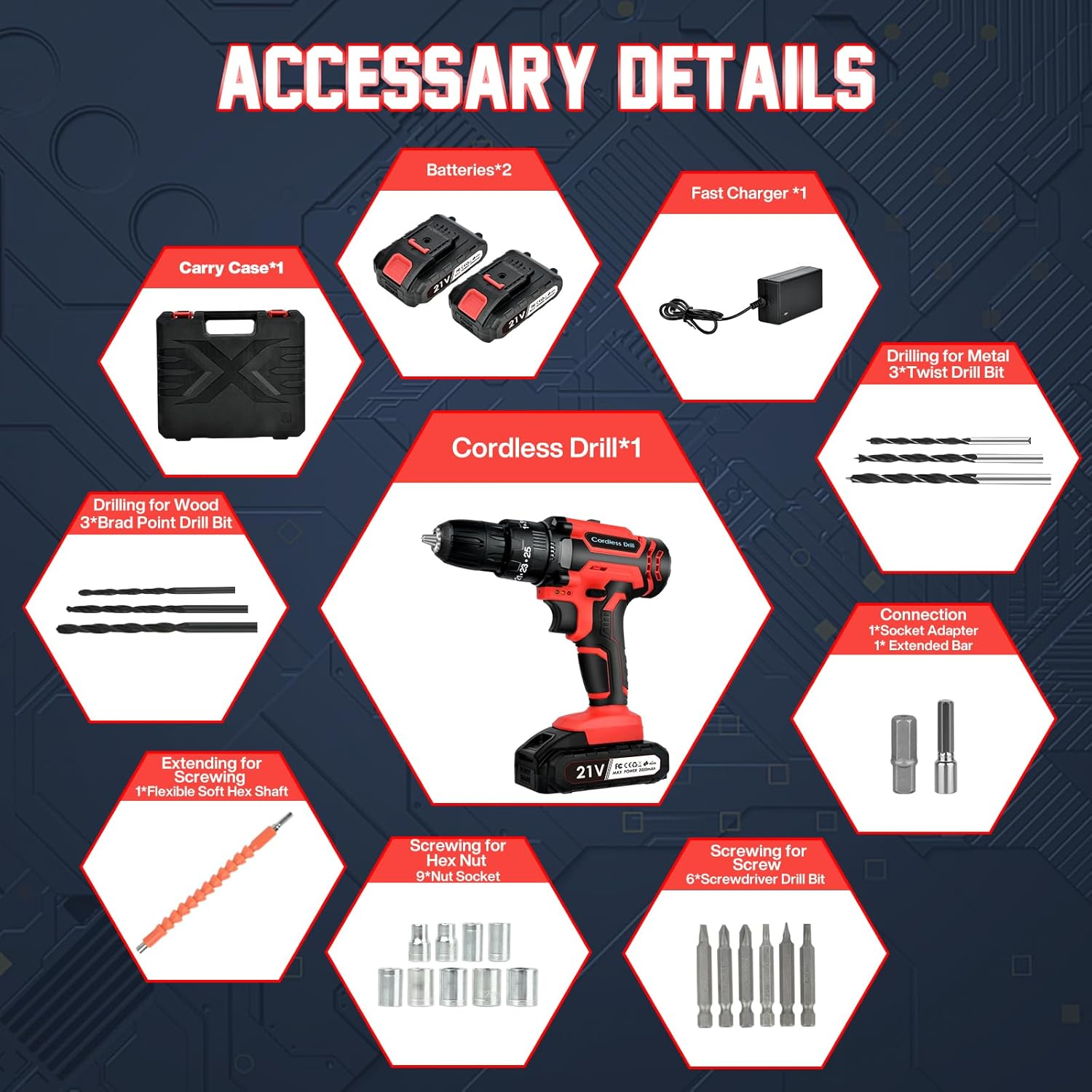 Cordless Drill Driver 21V: Powerful Cordless Drill Set with 2 Batteries 2.0Ah, 25+3 Torque, 24PCS Drill Bits, 2 Speed, LED Light for DIY Project image number 4