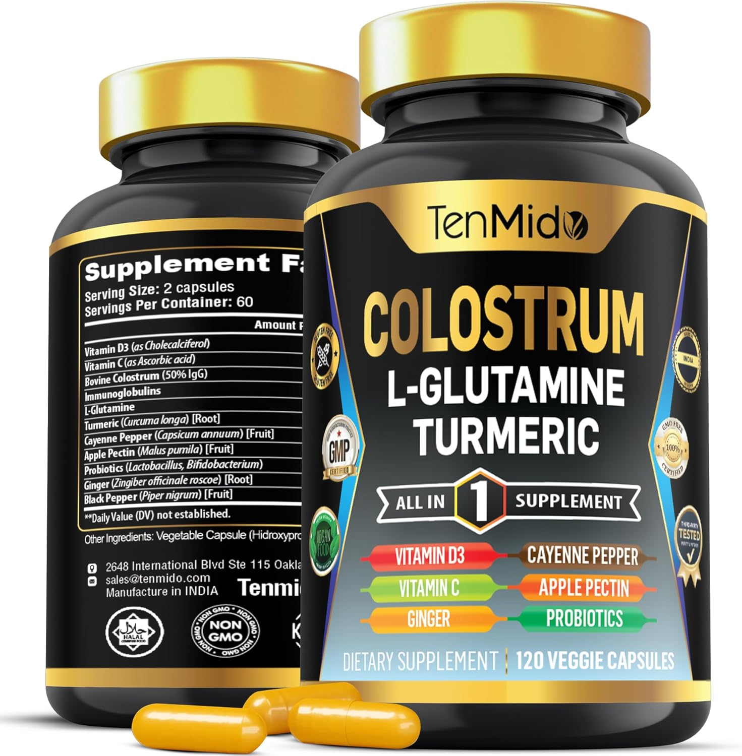 Colostrum Supplement - 10In1 Formula - Combine with L- Glutamine, Turmeric, Cayenne Pepper, Apple Pectin, Probiotics, Ginger, and More - Digestive Health, Immune Support - 120 Capsules image number 5