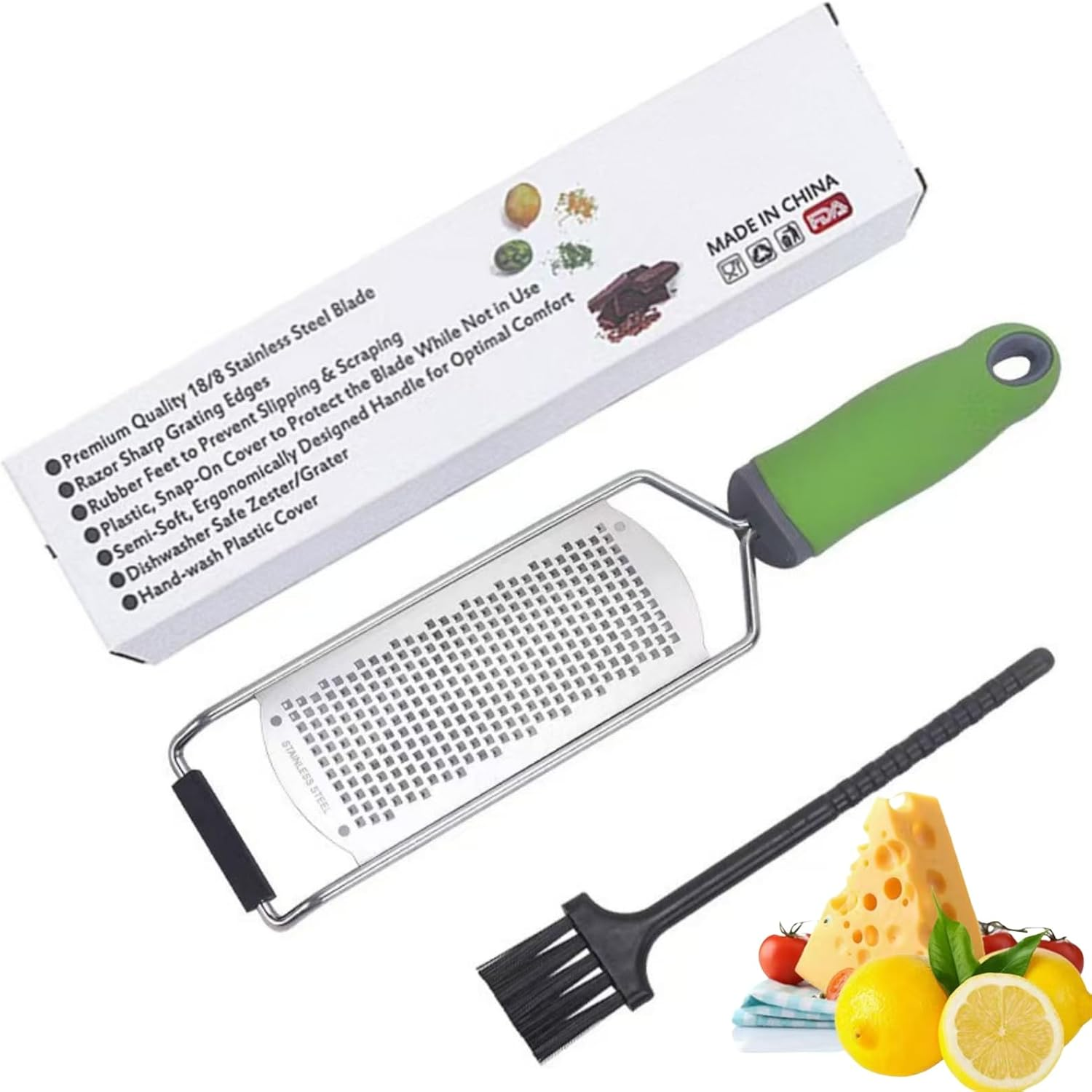 Stainless Steel Lemon & Cheese Grater - Professional Grater for Fruits, Vegetables & Chocolate - Includes Protective Sleeve & Cleaning Brush - Black