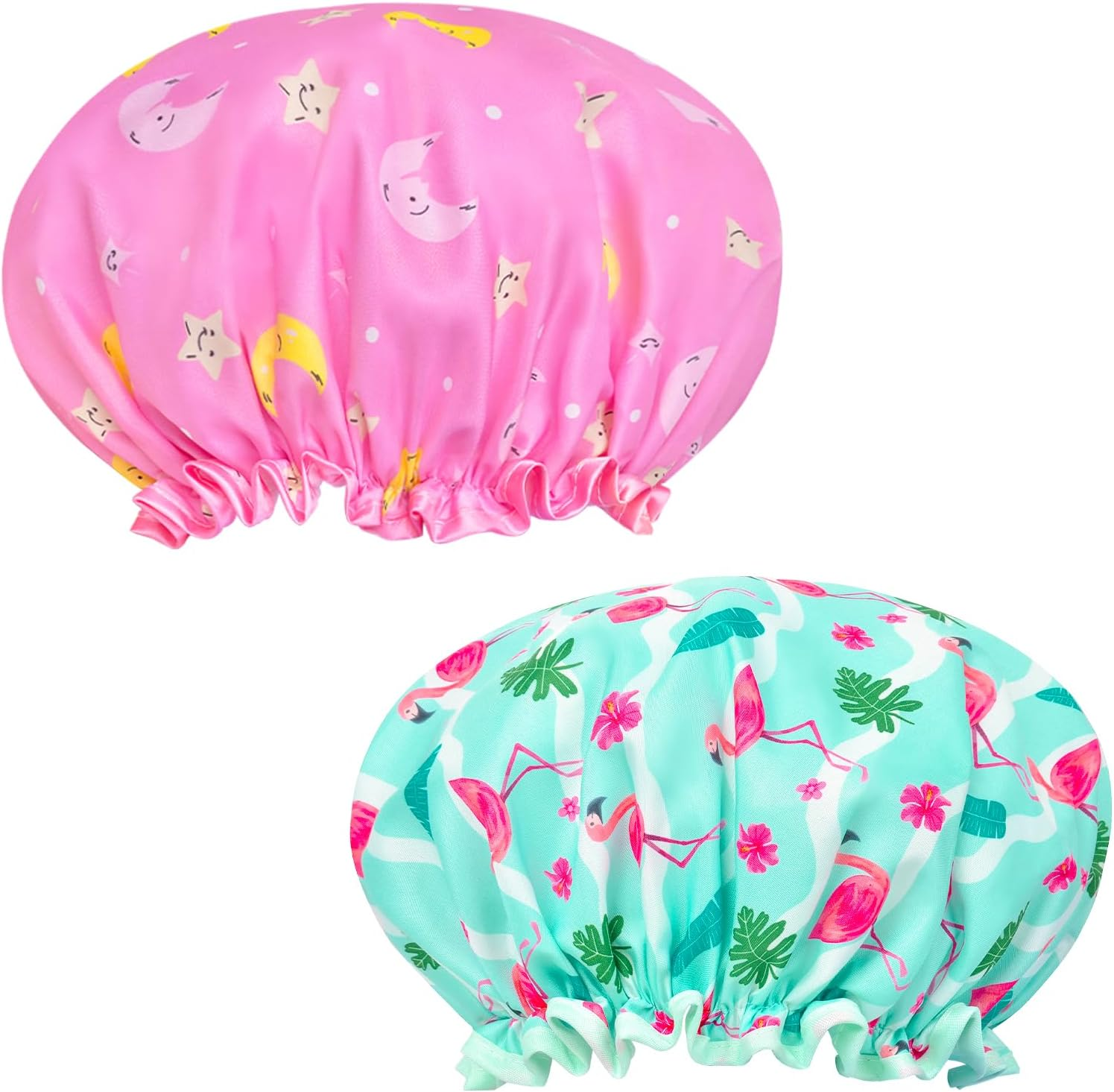 Pack of 2 Children'S Shower Caps, Elastic Band, Double Layers, Waterproof Shower Cap, Women'S Bath Cap, Women'S Shower Cap with Ruffled Edge, Cover Ears for Long, Short, Curly Hair