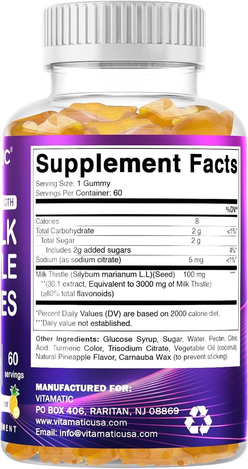Vitamatic Milk Thistle Gummies - 3000 Mg Equivalent - Liver Detox & anti Oxidant Health - Min. 80% Silymarin Flavonoids - 60 Pectin Based Gummies