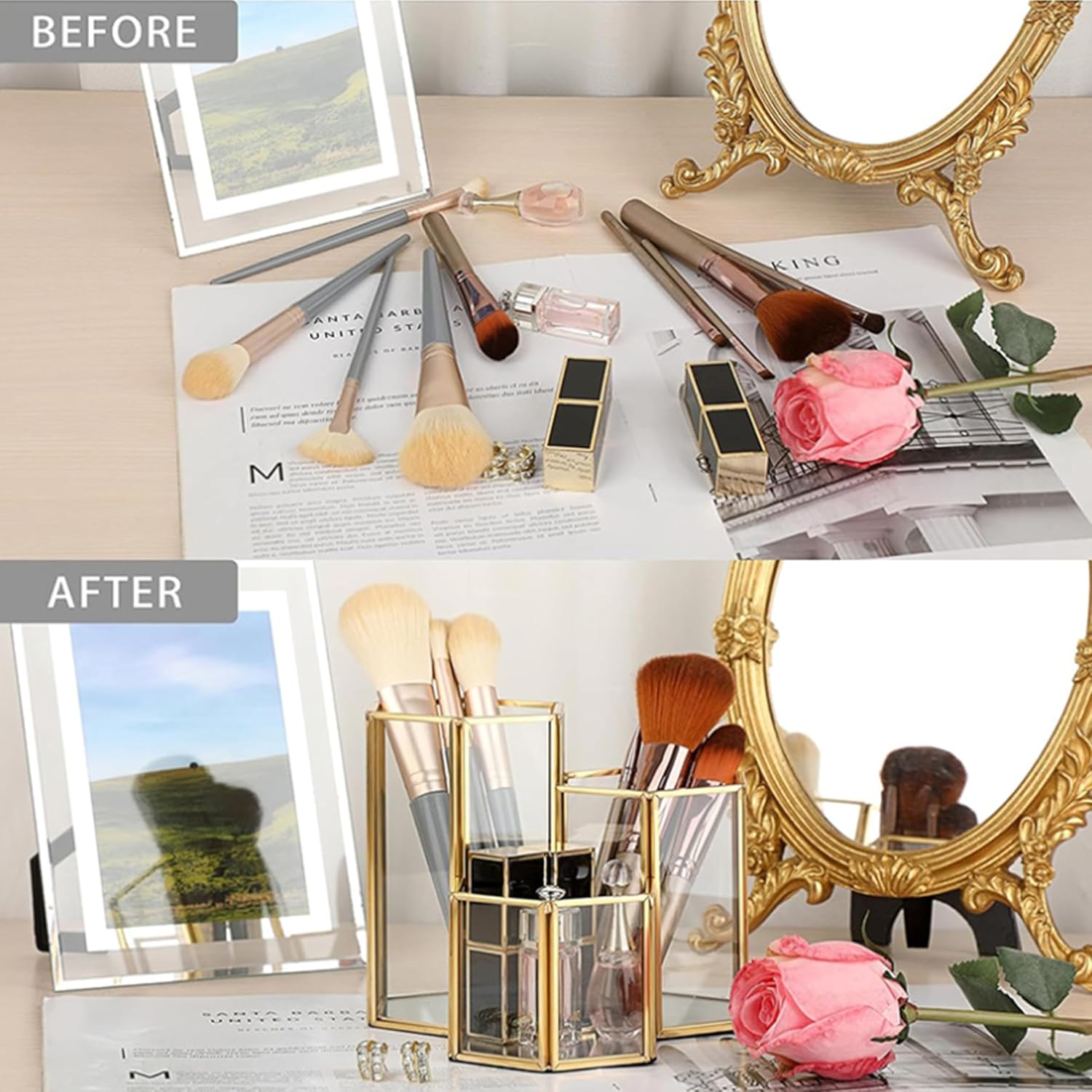 3 Compartment Gold Hexagon Glass Holder - Multipurpose Organizer for Makeup Brushes, Eyeliners & Desk Supplies | Decorative Vanity & Office Accessory