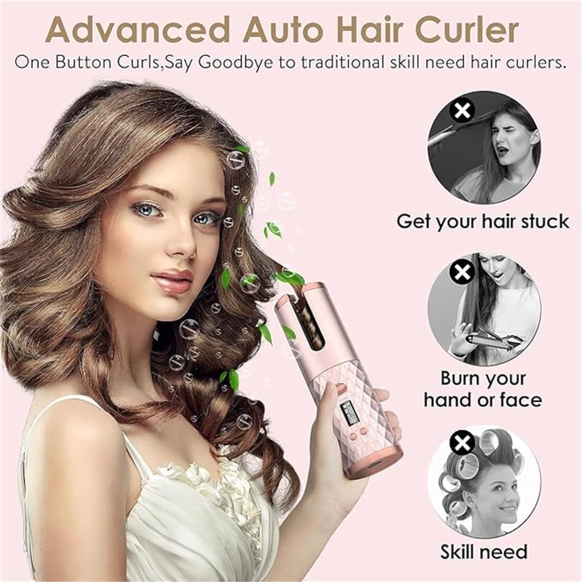 Automatic Hair Curler, Cordless Hair Curler LCD Display and Timer, Portable Wireless Curling Iron, USB Rechargeable Curling Wand, Fast Heating and Auto Shut Off image number 4