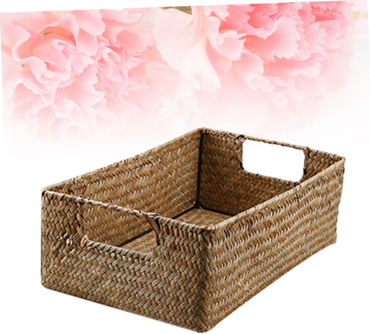 Hohopeti Hand-Woven Seaweed Storage Basket 33X23X11Cm Rectangular Sundries Organizer Yellow Vintage Style Household Storage Box for Toys and Cosmetics image number 2