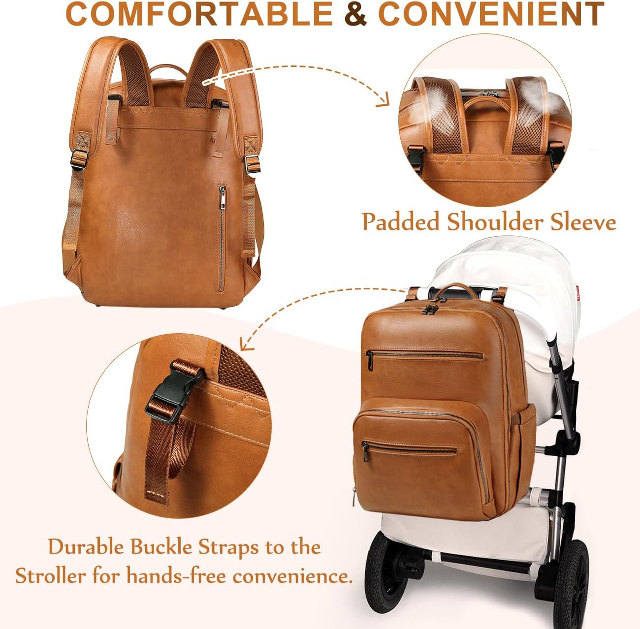 Diaper Bag Backpack, VASCHY Unisex Large Waterproof Vegan Leather Baby Nappy Bag with Changing Pad,Insulated Pockets,Padded Laptop Sleeve for for Mum,Dad,Travel,Business image number 6